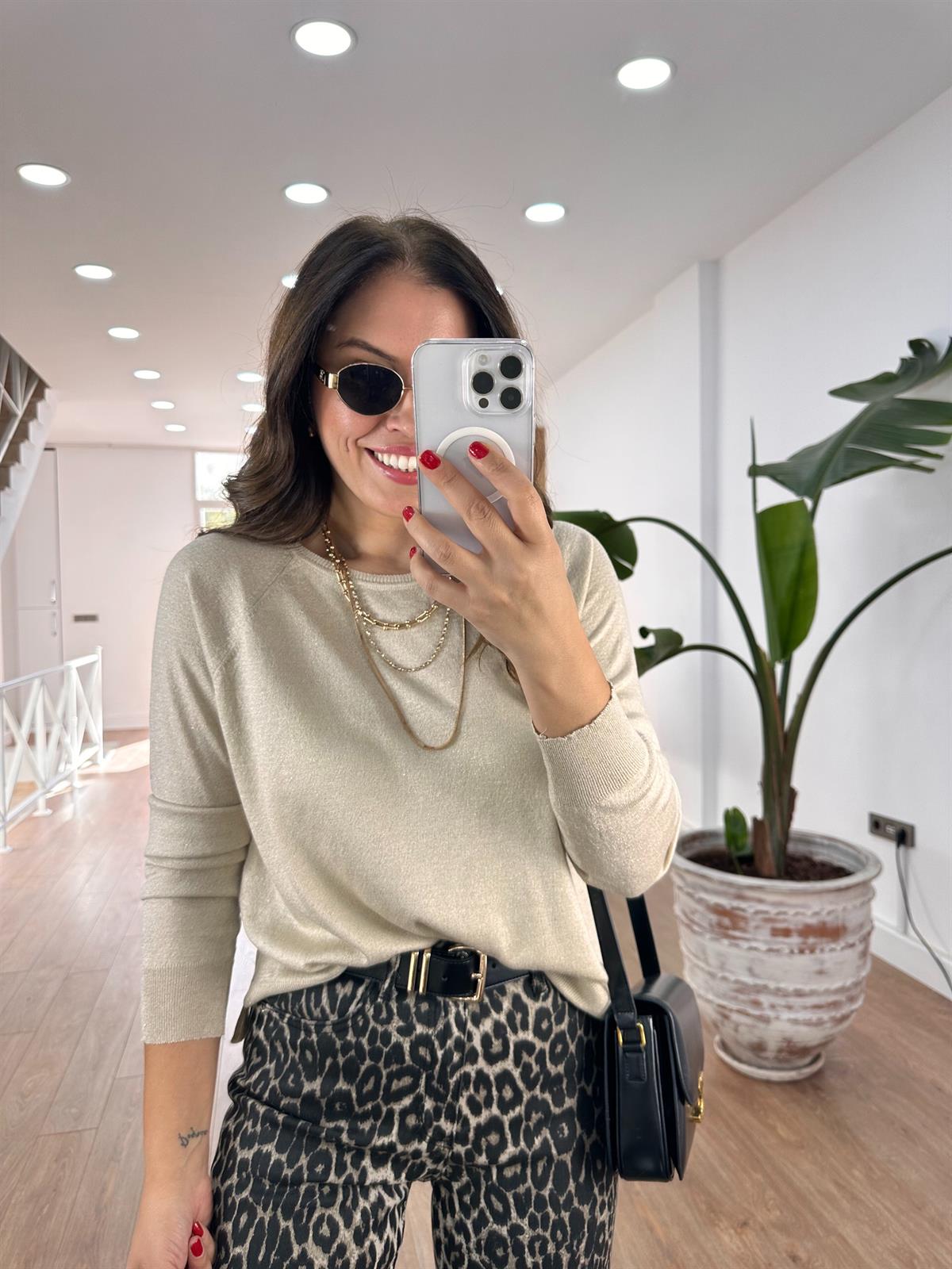 Dilvin Bisiklet Yaka Simli İnce Triko Kazak -Bej