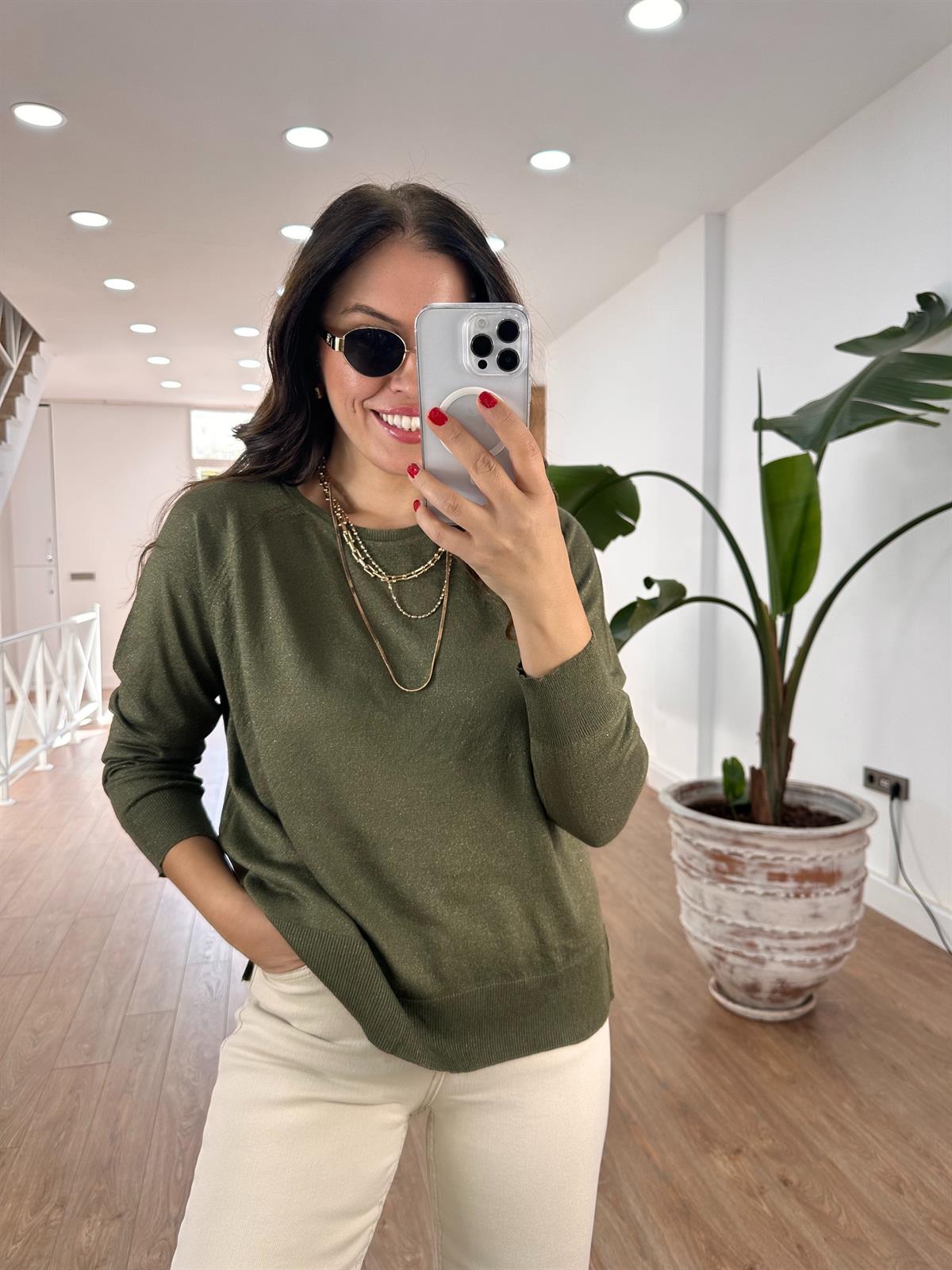 Dilvin Bisiklet Yaka Simli İnce Triko Kazak - Haki