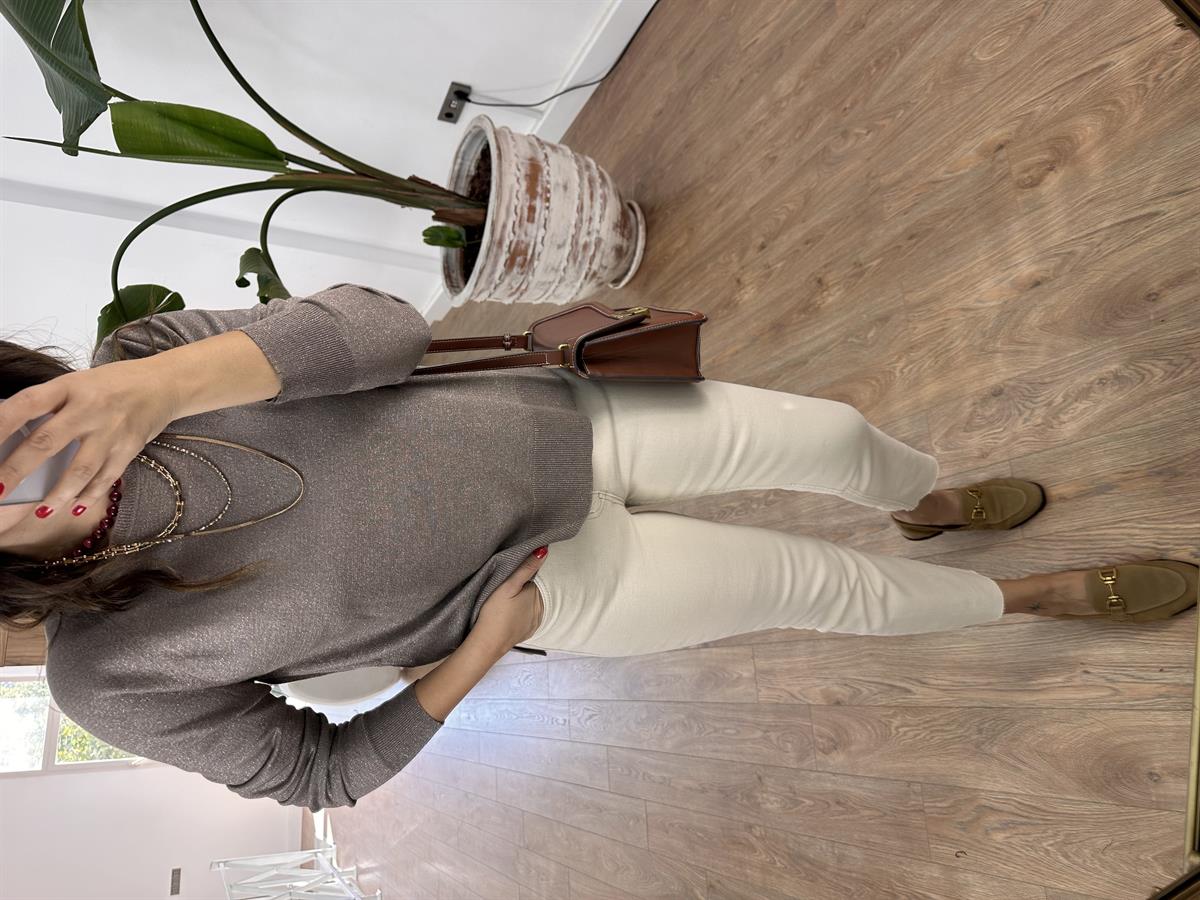 Dilvin Bisiklet Yaka Simli İnce Triko Kazak - Vizon