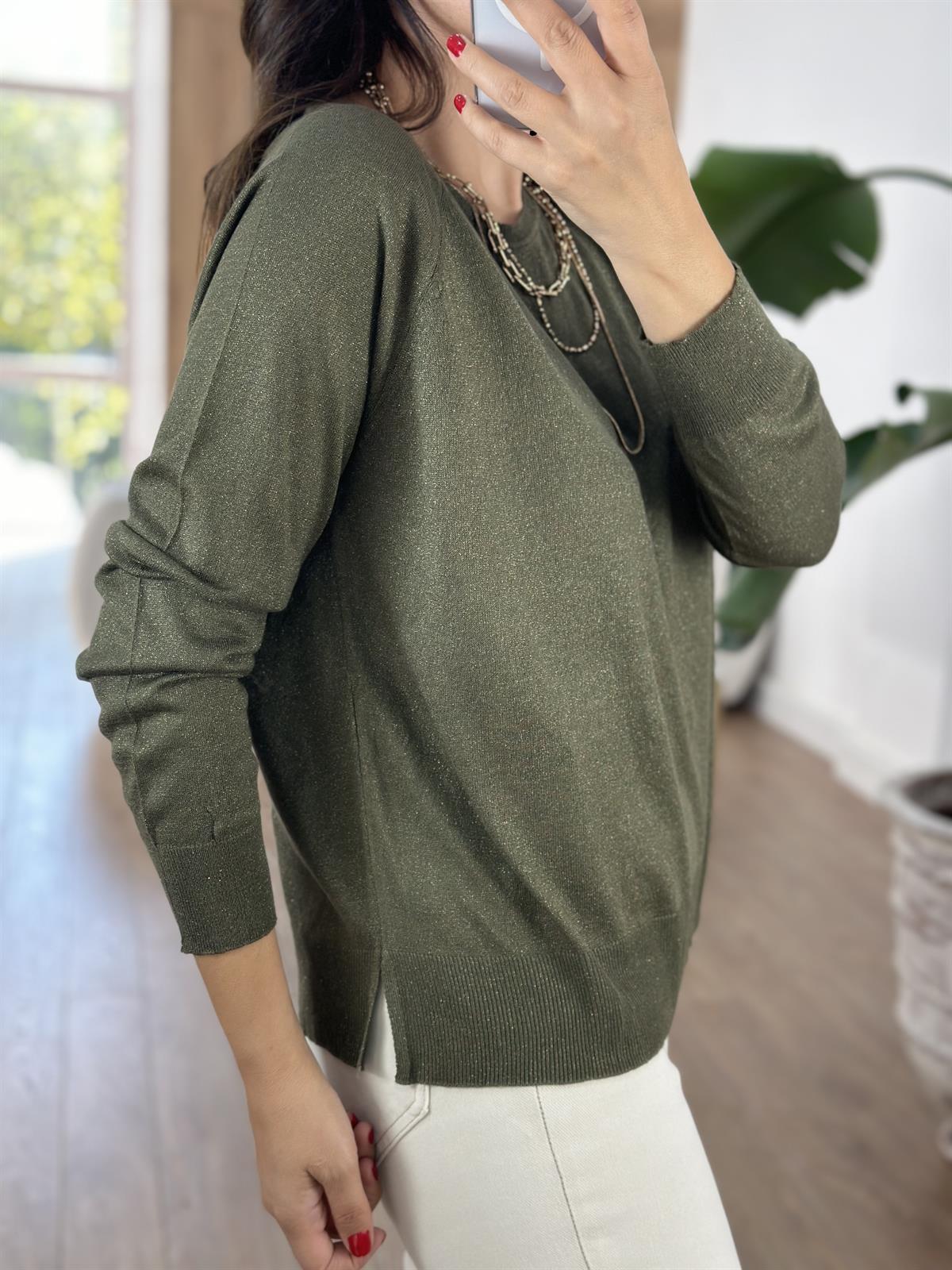 Dilvin Bisiklet Yaka Simli İnce Triko Kazak - Haki