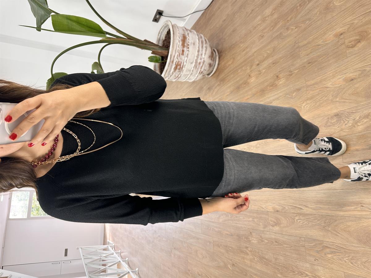 Dilvin Bisiklet Yaka Simli İnce Triko Kazak - Siyah