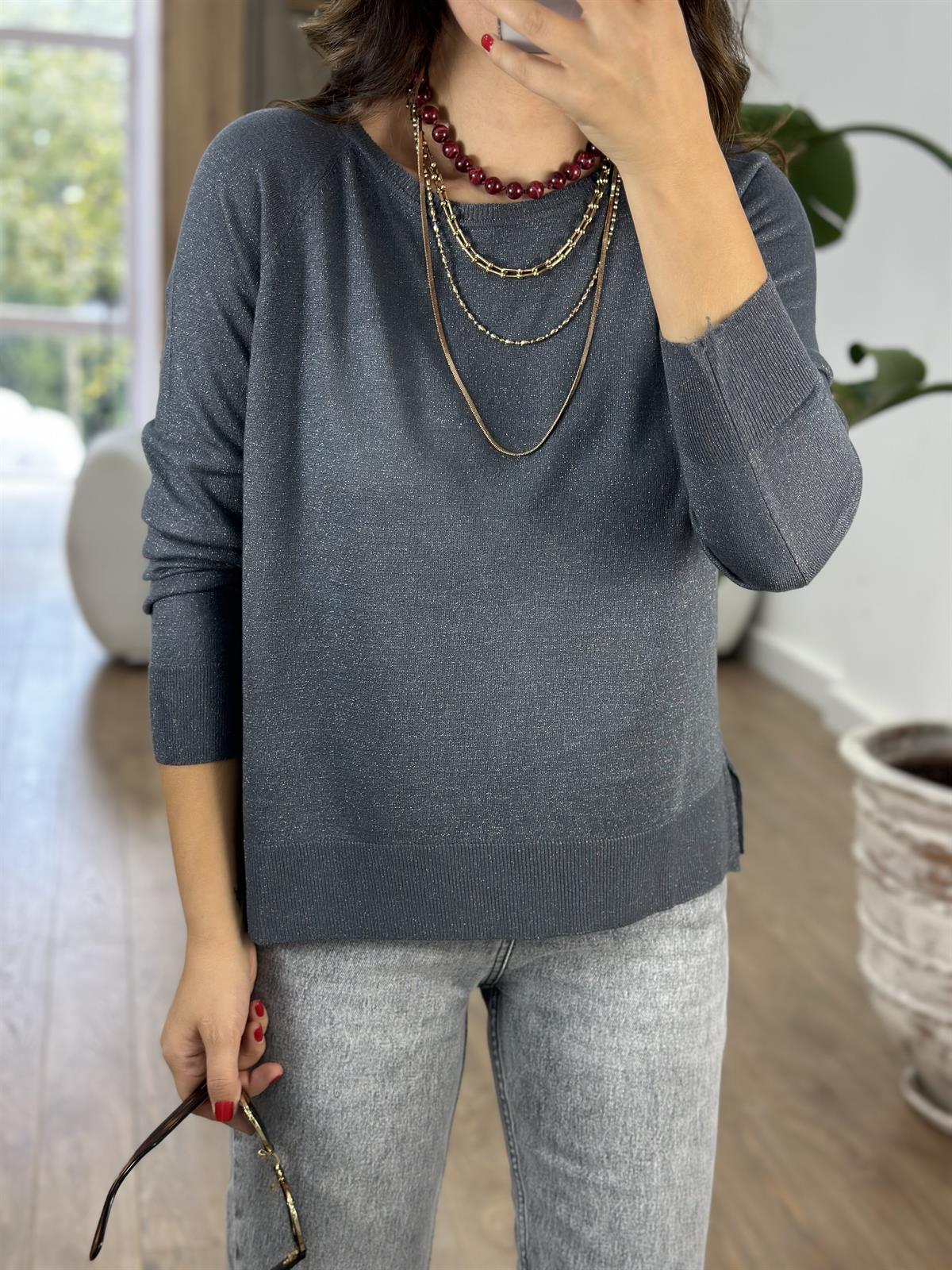 Dilvin Bisiklet Yaka Simli İnce Triko Kazak - Füme