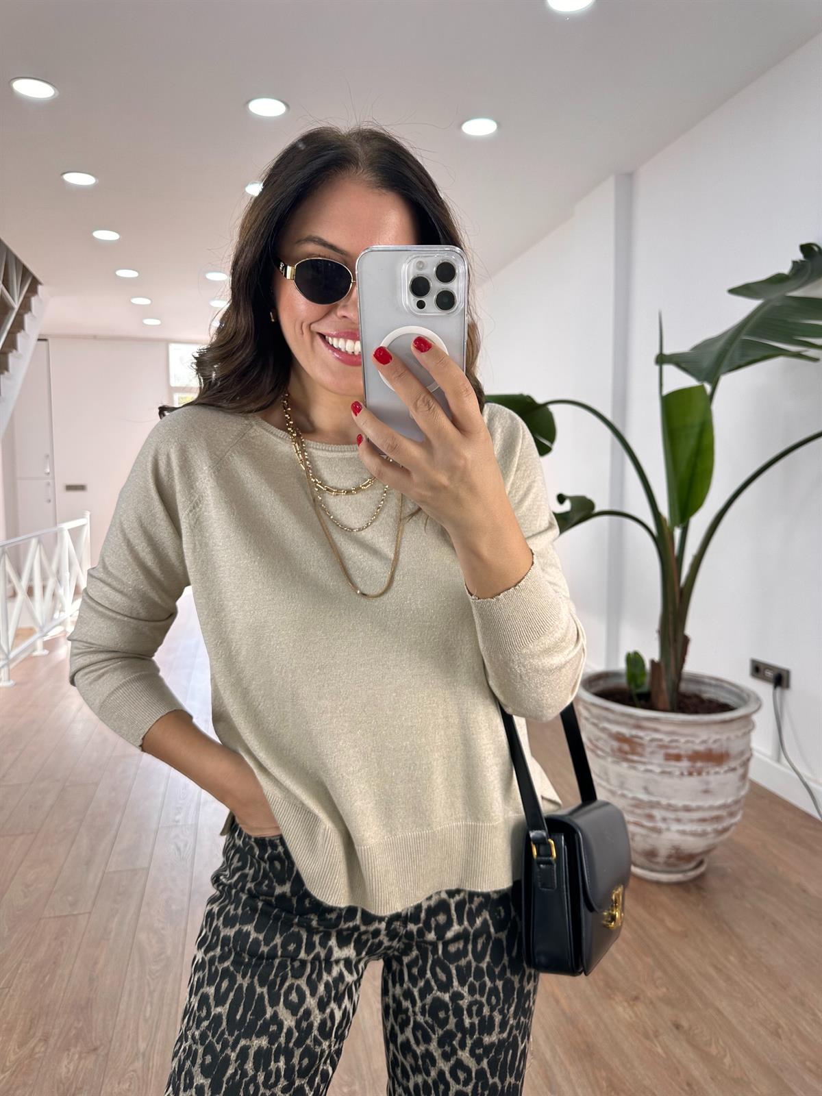 Dilvin Bisiklet Yaka Simli İnce Triko Kazak -Bej