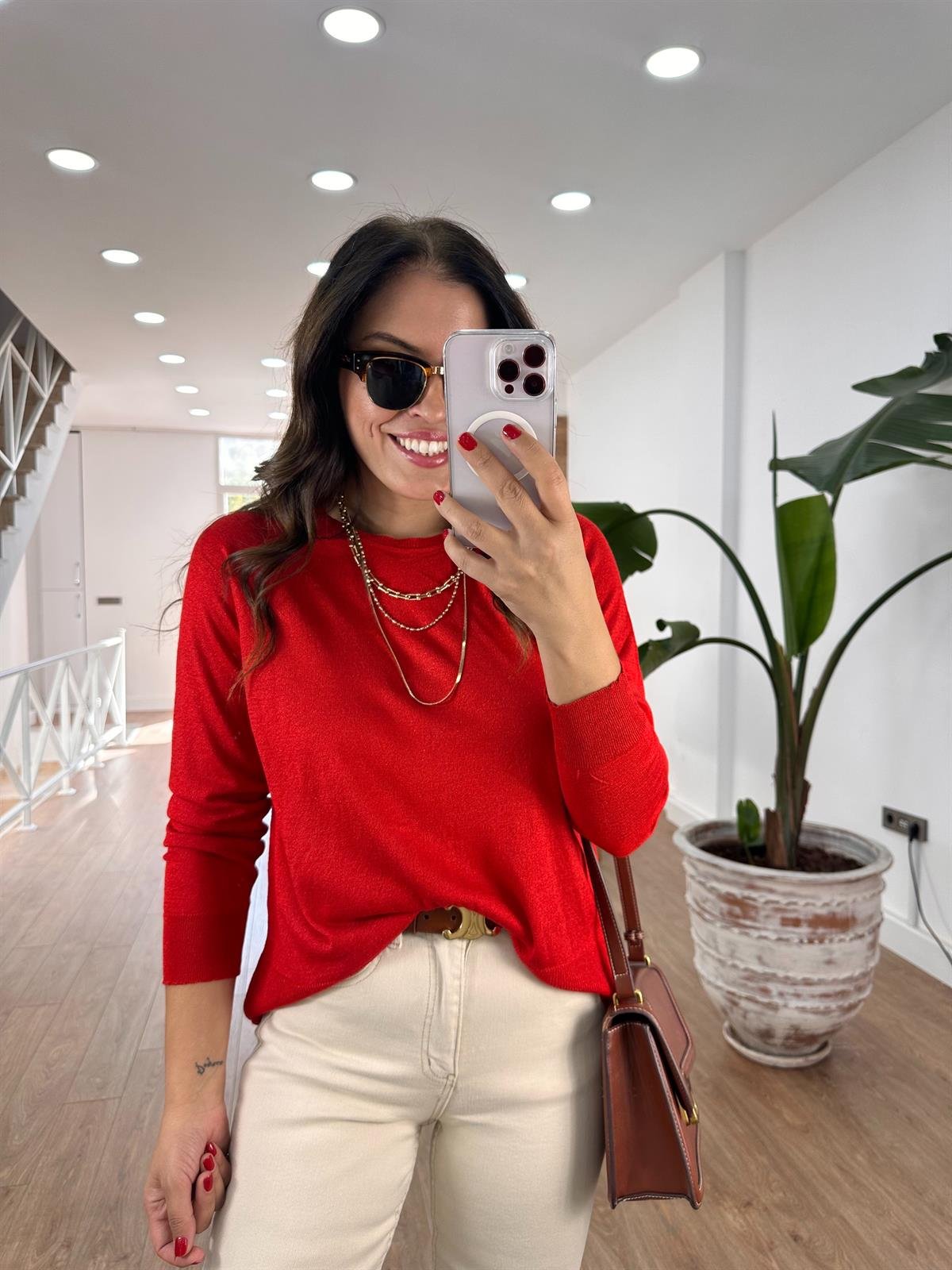 Dilvin Bisiklet Yaka Simli İnce Triko Kazak - Kırmızı