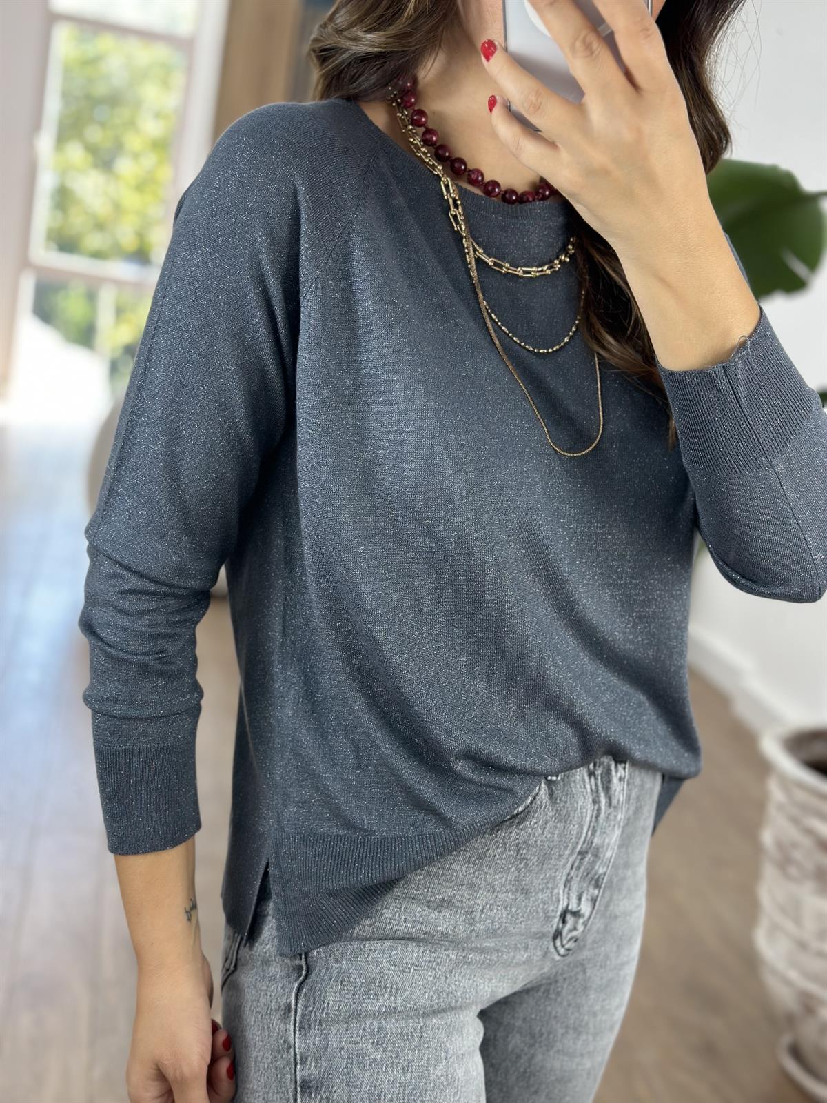 Dilvin Bisiklet Yaka Simli İnce Triko Kazak - Füme