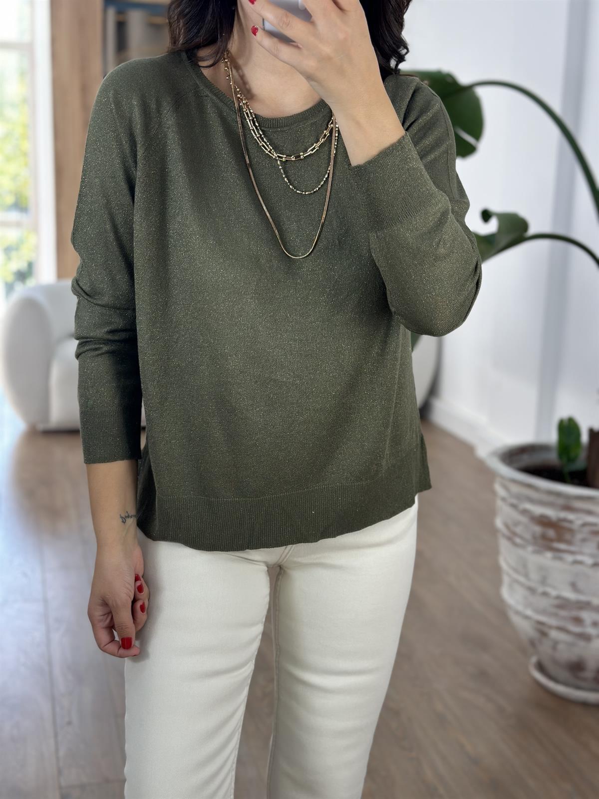 Dilvin Bisiklet Yaka Simli İnce Triko Kazak - Haki