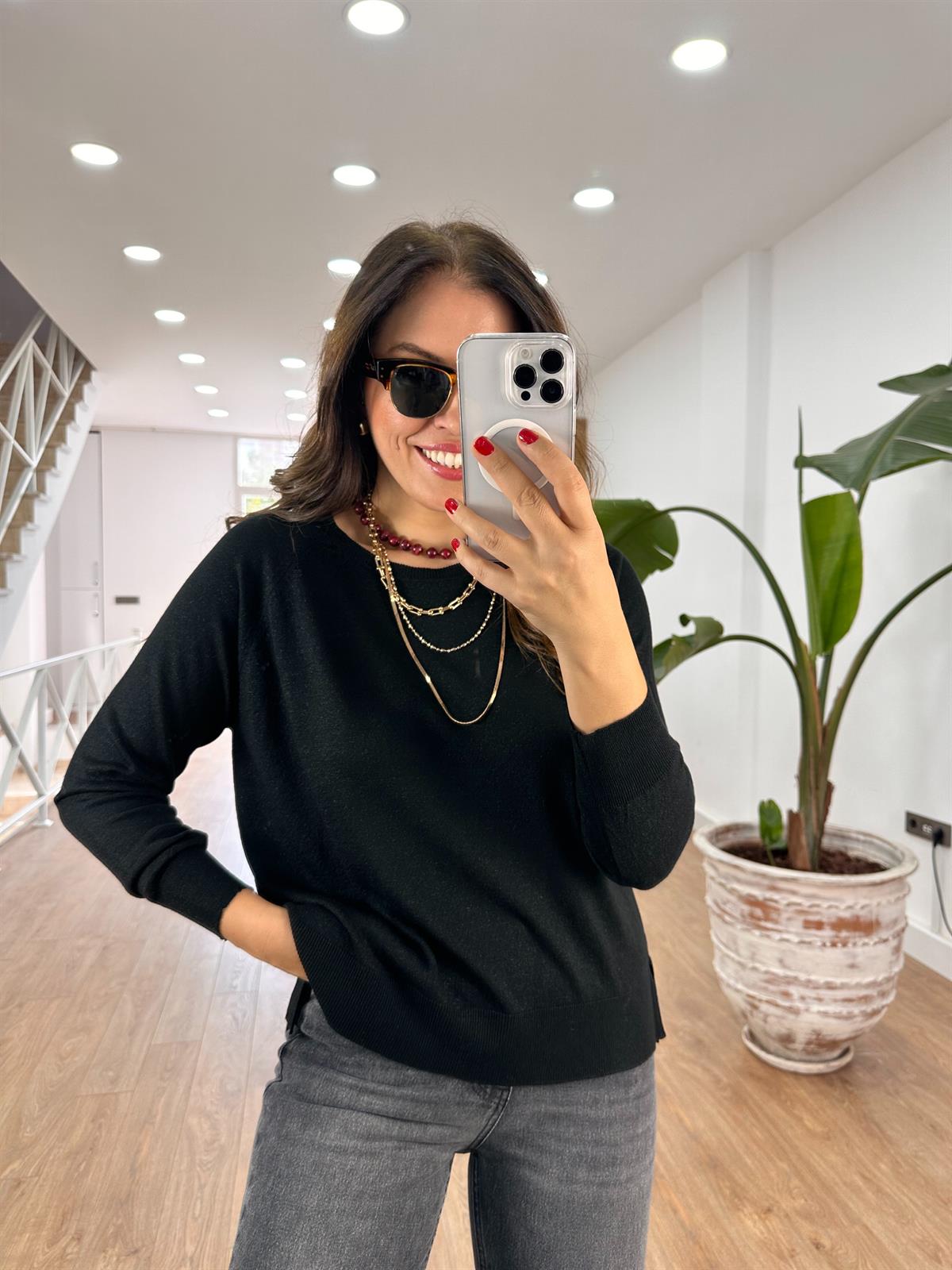 Dilvin Bisiklet Yaka Simli İnce Triko Kazak - Siyah