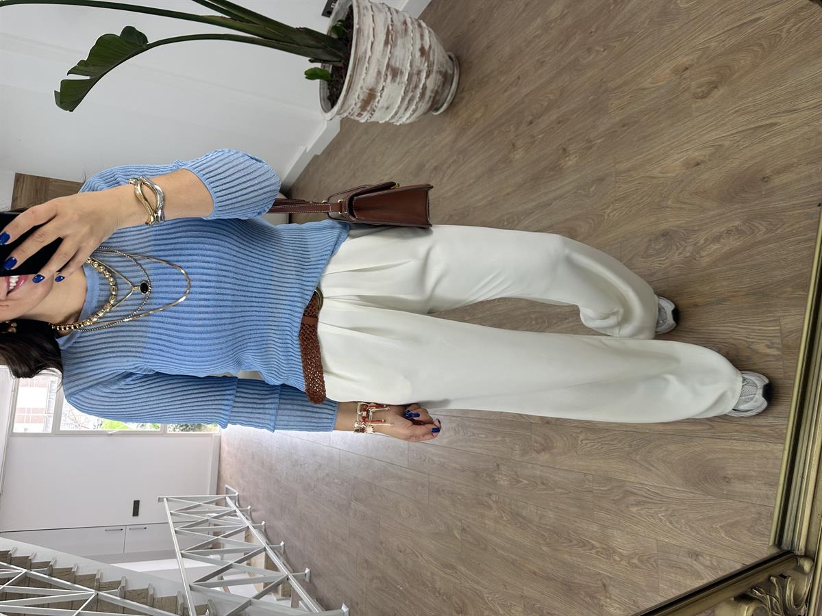 Dilvin Bisiklet Yaka Tranparan Triko-Mavi