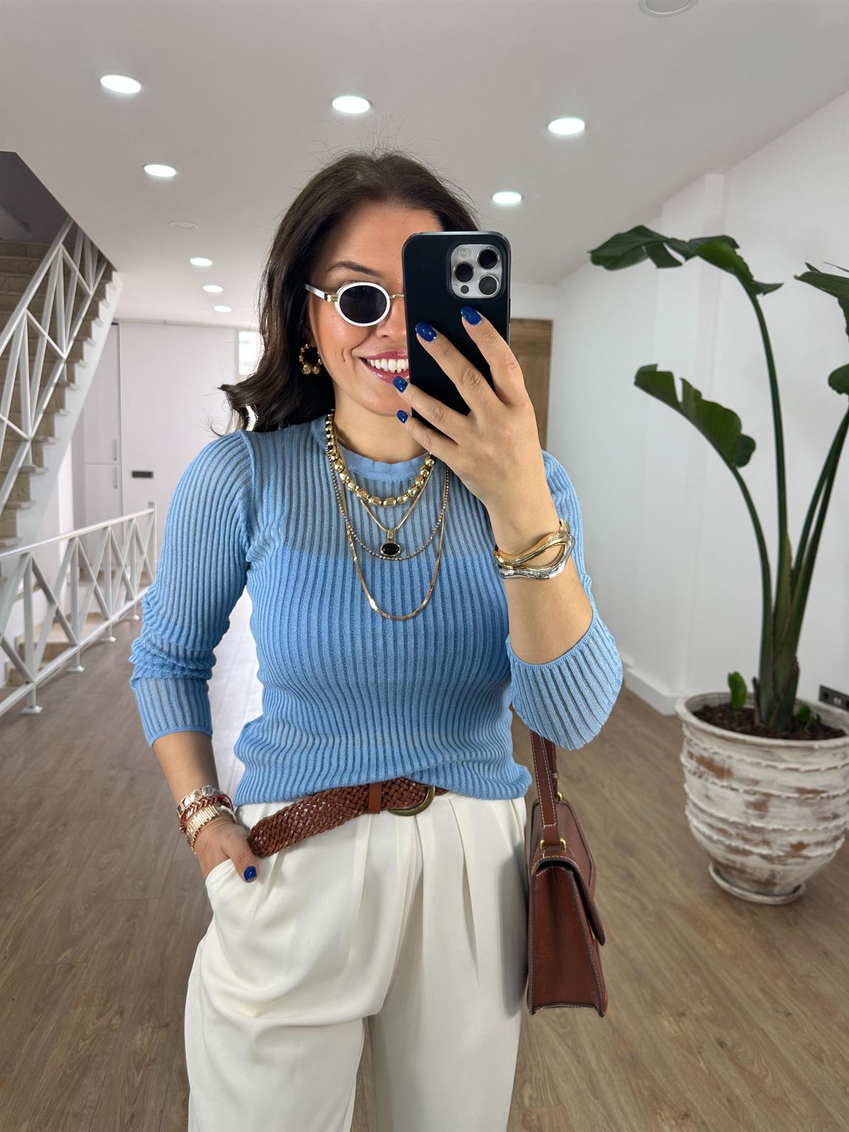 Dilvin Bisiklet Yaka Tranparan Triko-Mavi