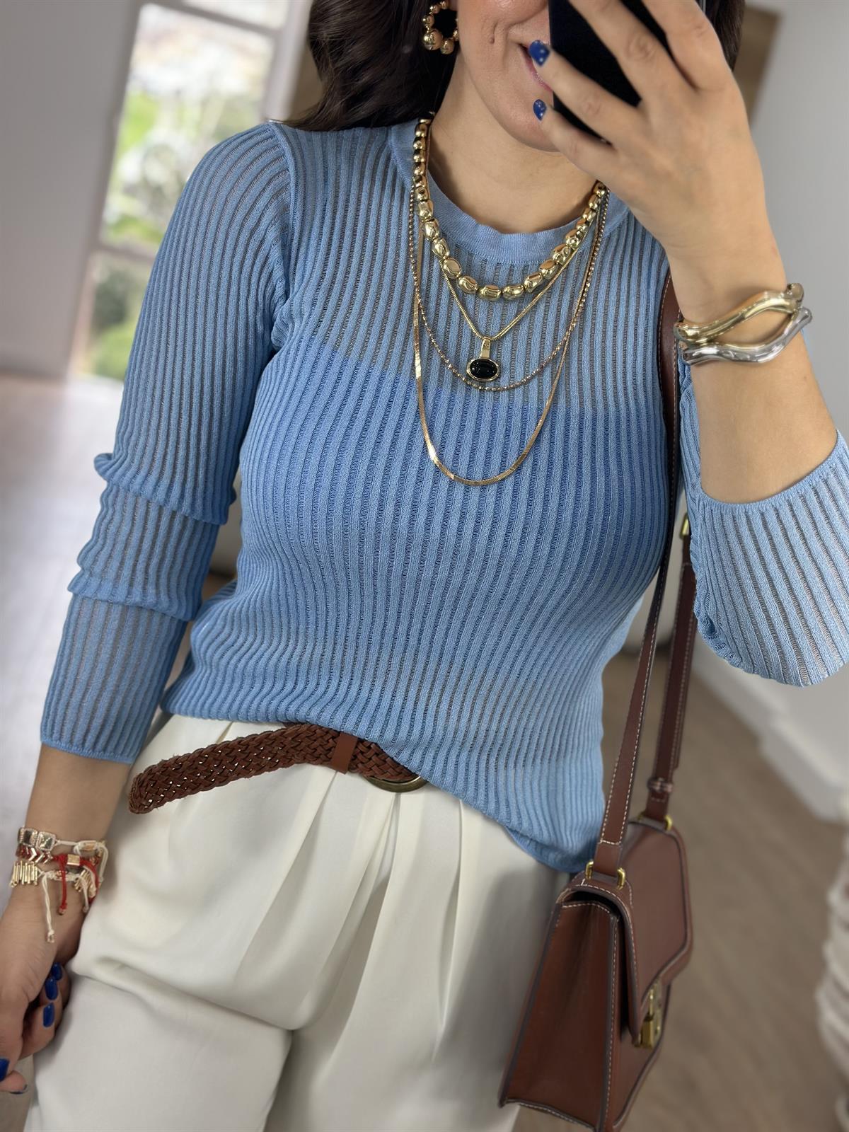 Dilvin Bisiklet Yaka Tranparan Triko-Mavi