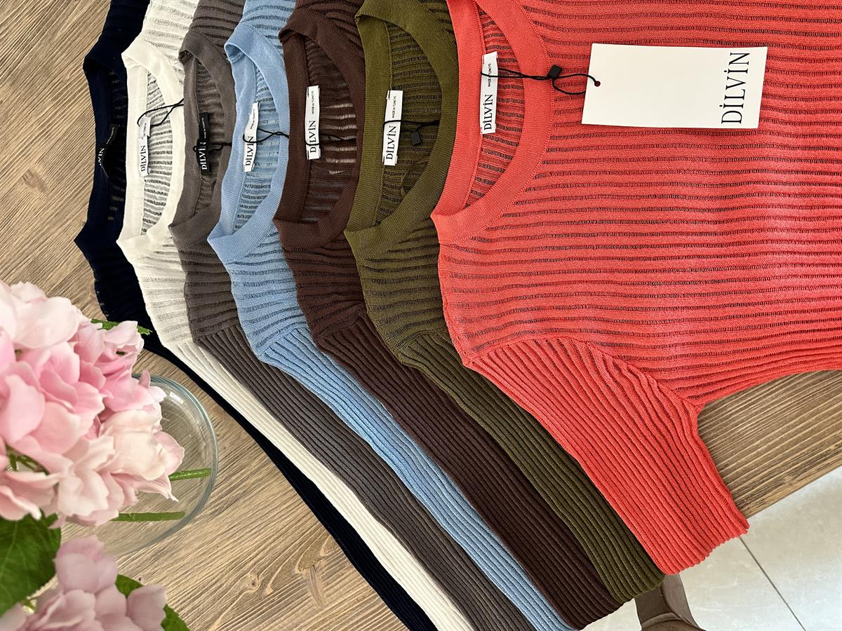 Dilvin Bisiklet Yaka Tranparan Triko-Mavi