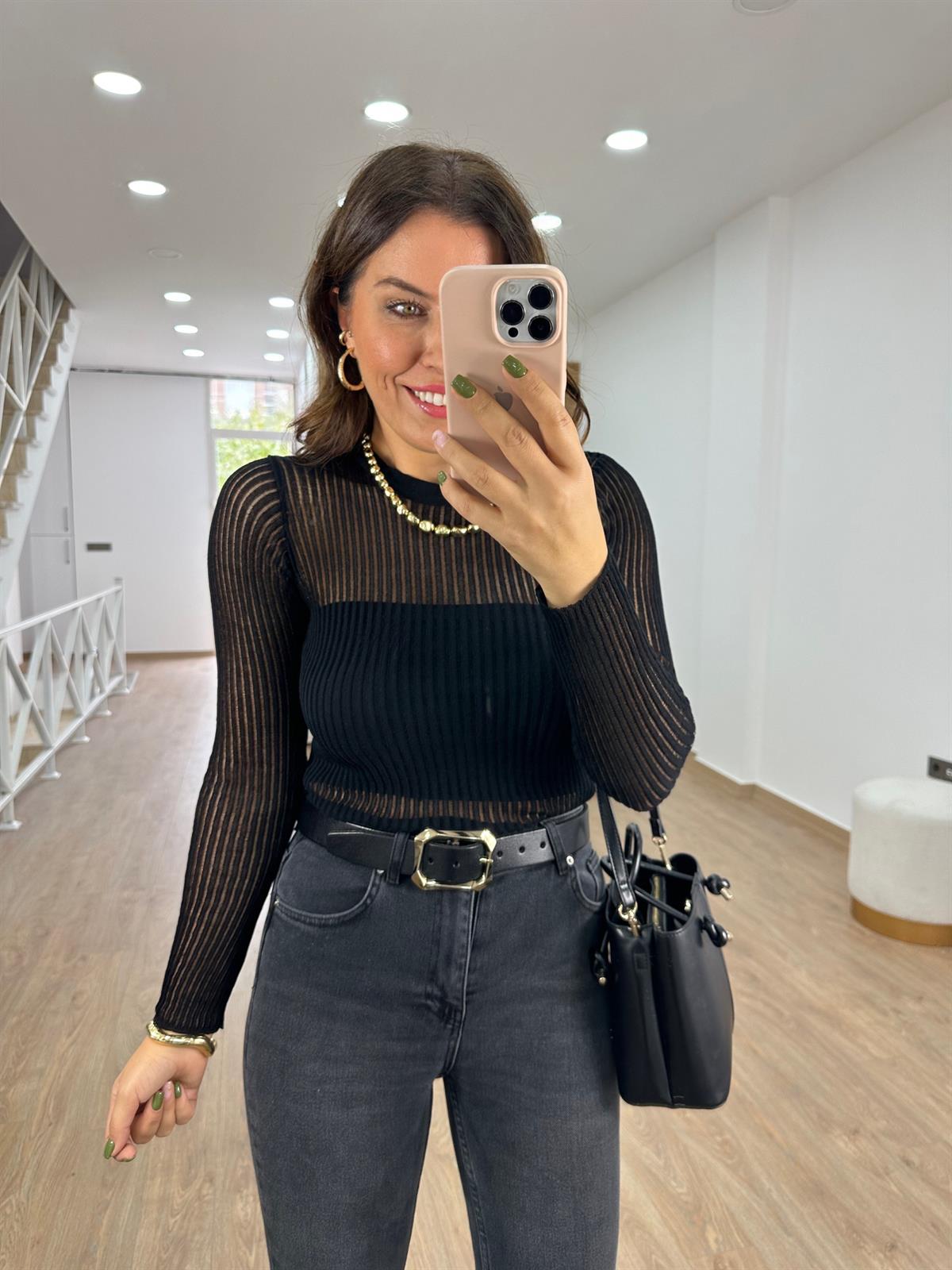 Dilvin Bisiklet Yaka Transparan Kazak-Siyah