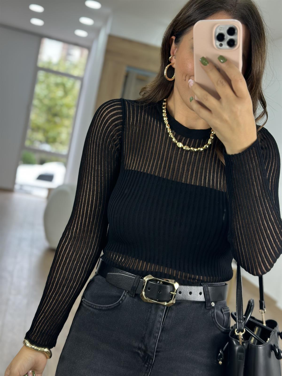 Dilvin Bisiklet Yaka Transparan Kazak-Siyah