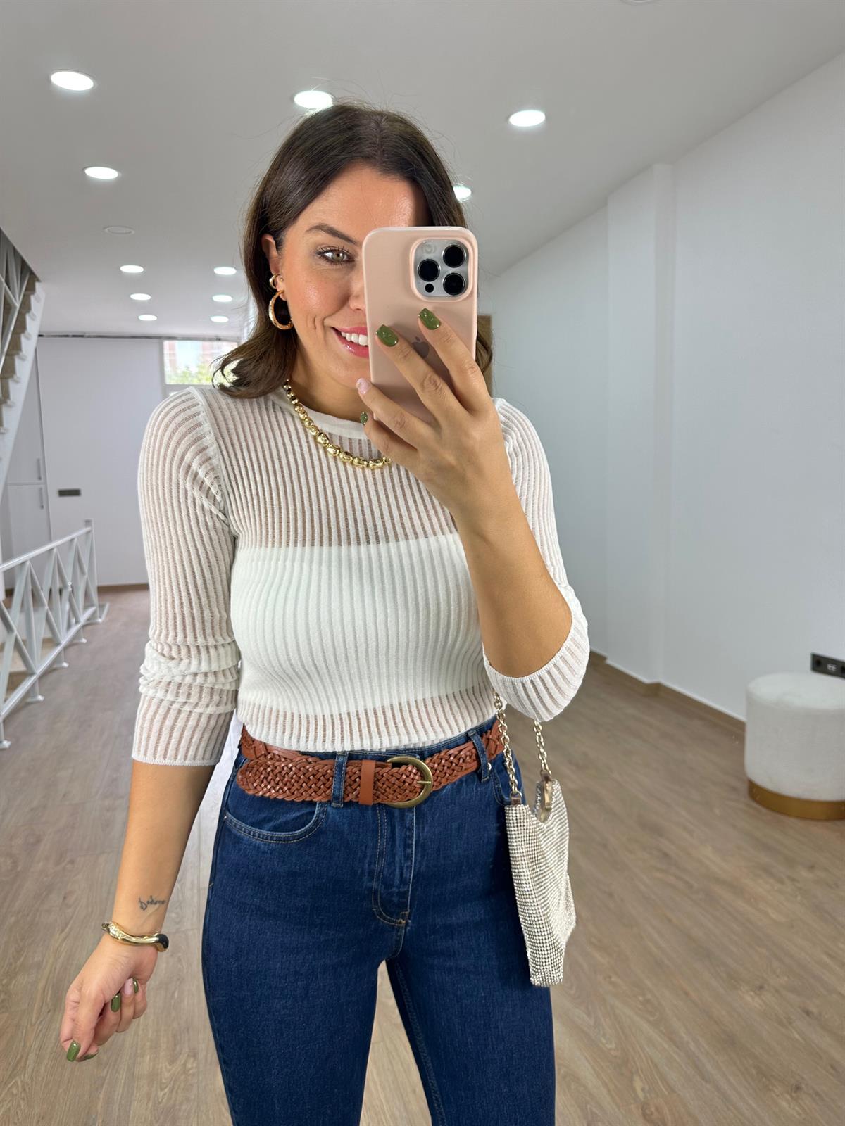 Dilvin Bisiklet Yaka Transparan Kazak-Ekru