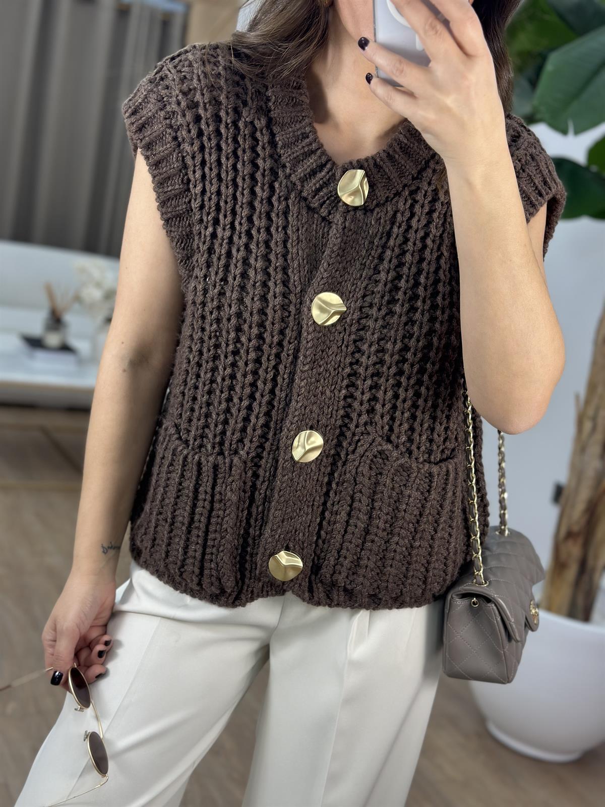 Dilvin Bisiklet Yaka Yumuşak Dokulu Cepli Düğmeli Triko Yelek