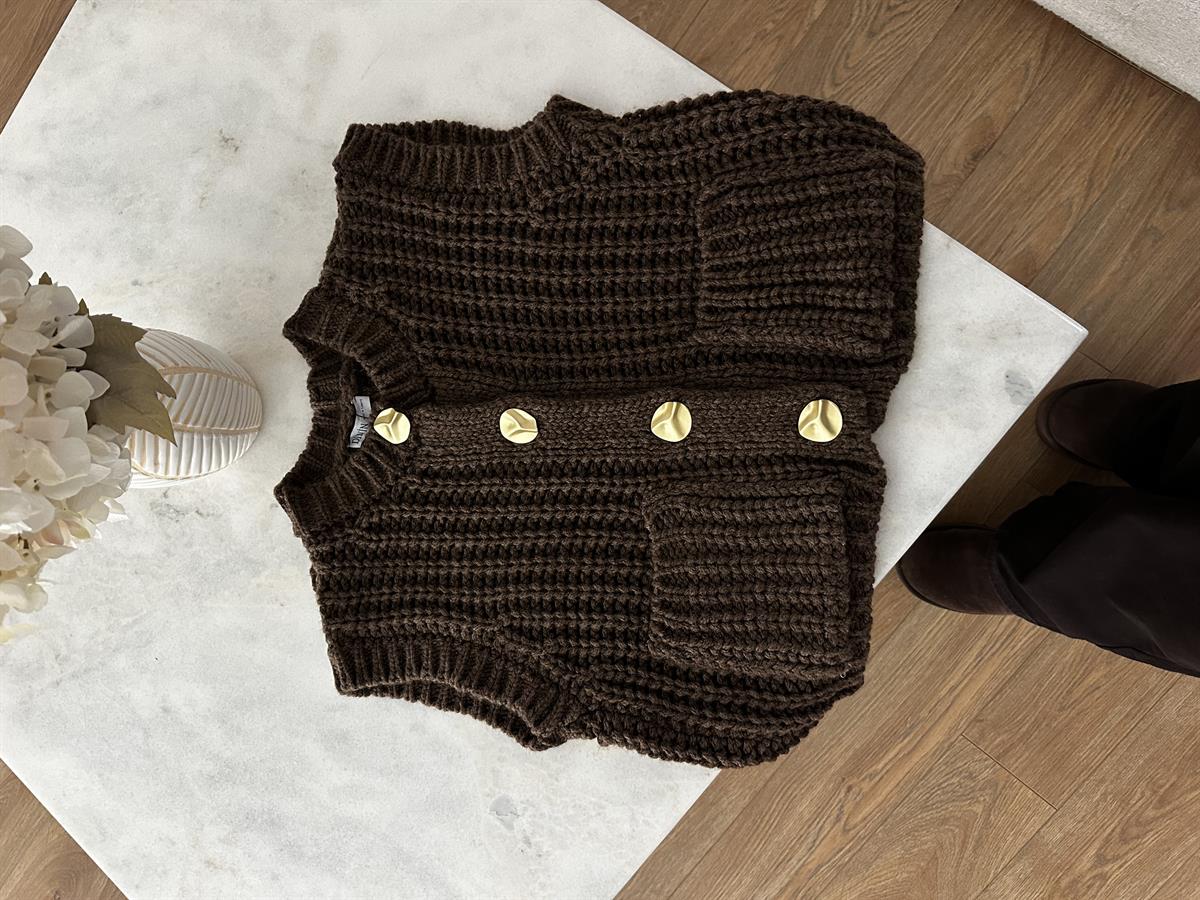 Dilvin Bisiklet Yaka Yumuşak Dokulu Cepli Düğmeli Triko Yelek