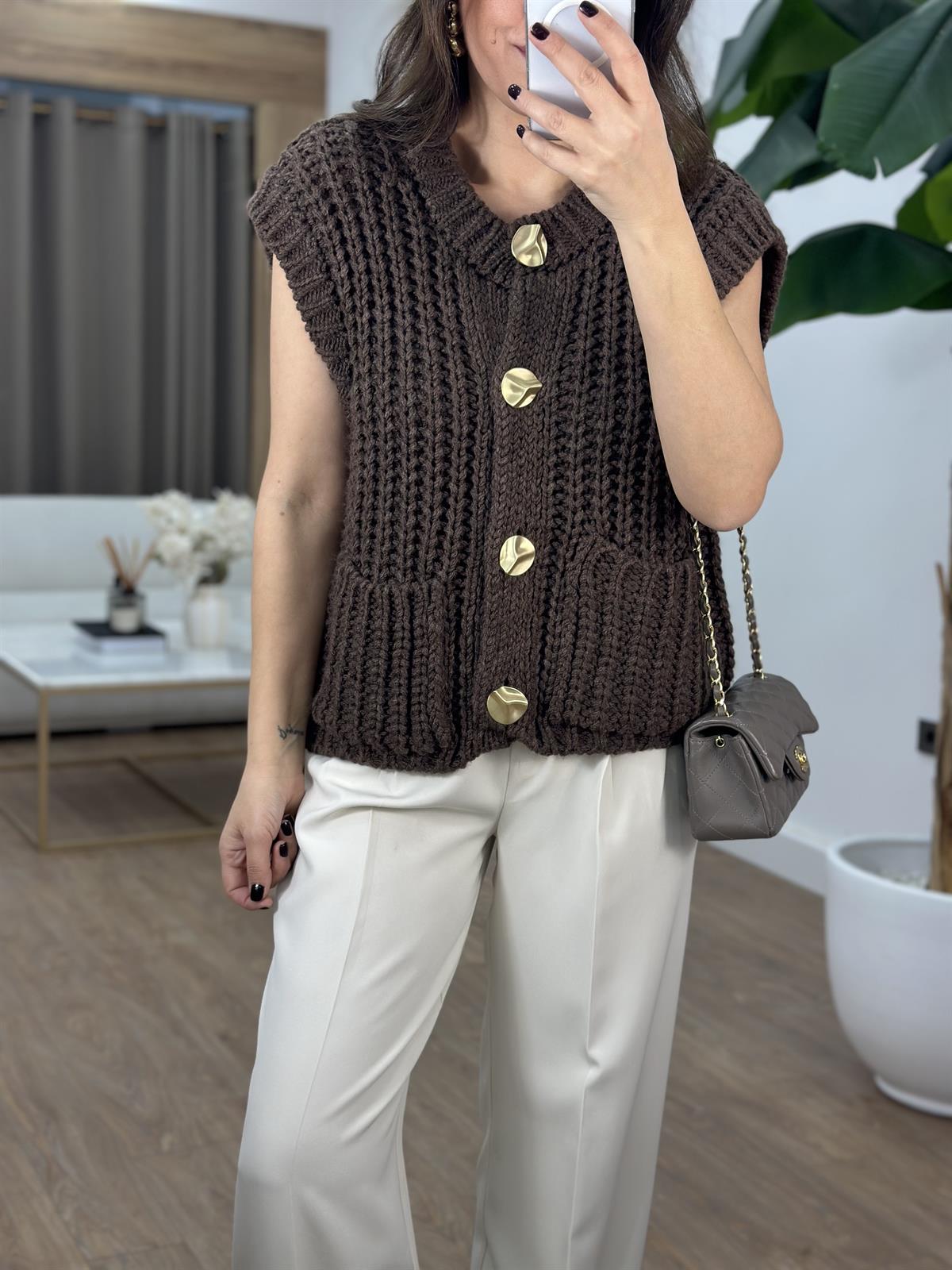 Dilvin Bisiklet Yaka Yumuşak Dokulu Cepli Düğmeli Triko Yelek