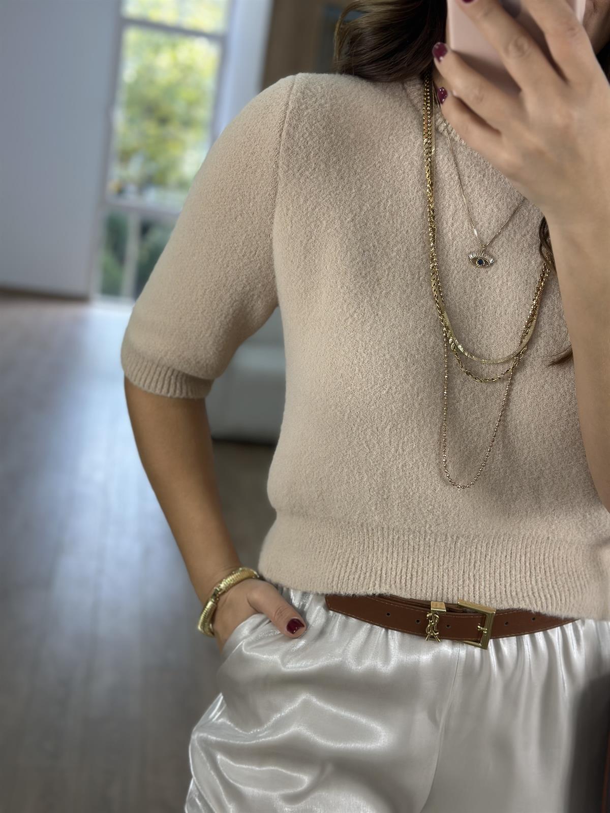 Dilvin Bisiklet Yaka Yumuşak Dokulu Kazak-Bej