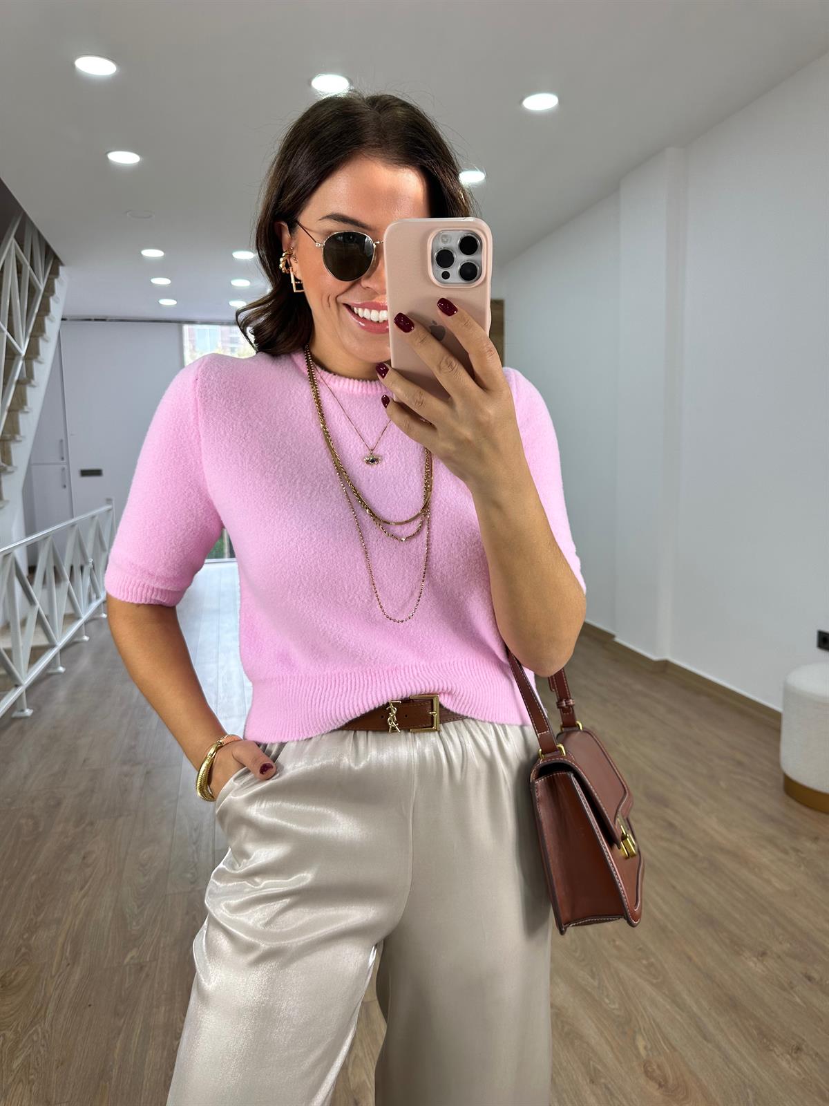 Dilvin Bisiklet Yaka Yumuşak Dokulu Kazak-Pembe