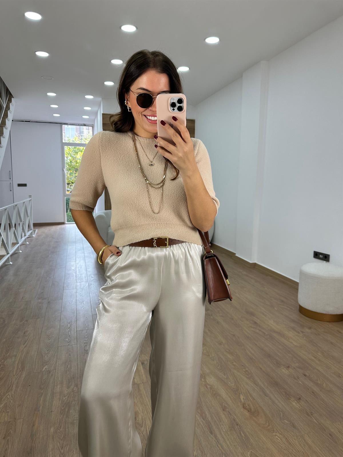 Dilvin Bisiklet Yaka Yumuşak Dokulu Kazak-Bej