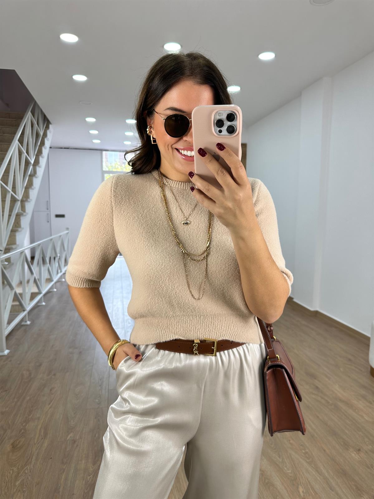 Dilvin Bisiklet Yaka Yumuşak Dokulu Kazak-Bej