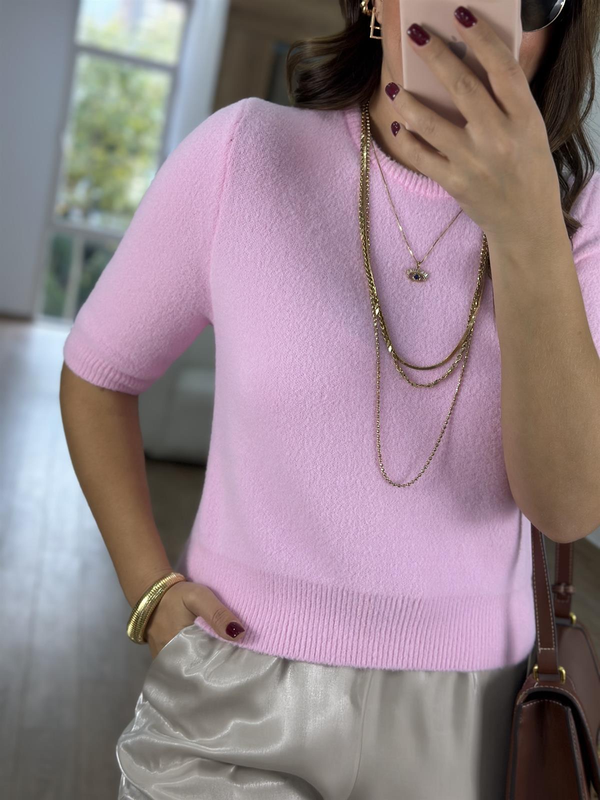 Dilvin Bisiklet Yaka Yumuşak Dokulu Kazak-Pembe