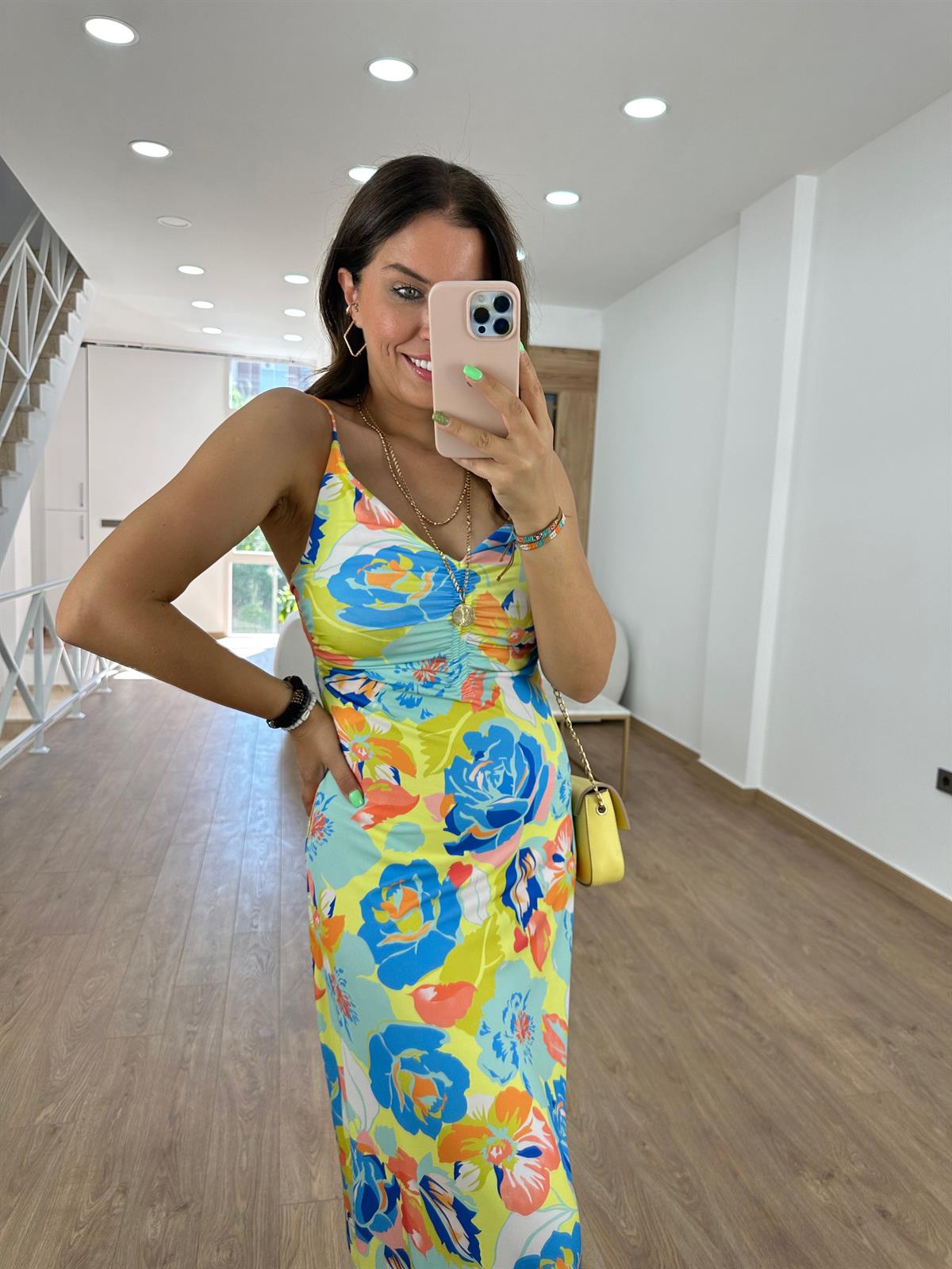 Dilvin Büzgülü Çiçek Desen Elbise