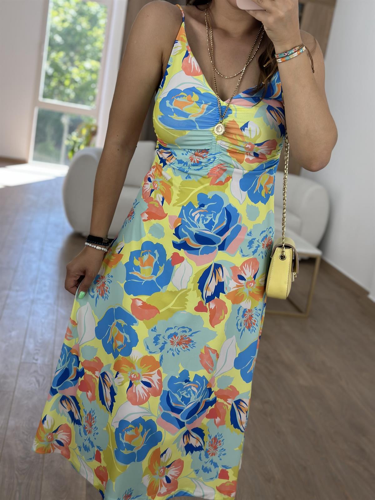 Dilvin Büzgülü Çiçek Desen Elbise