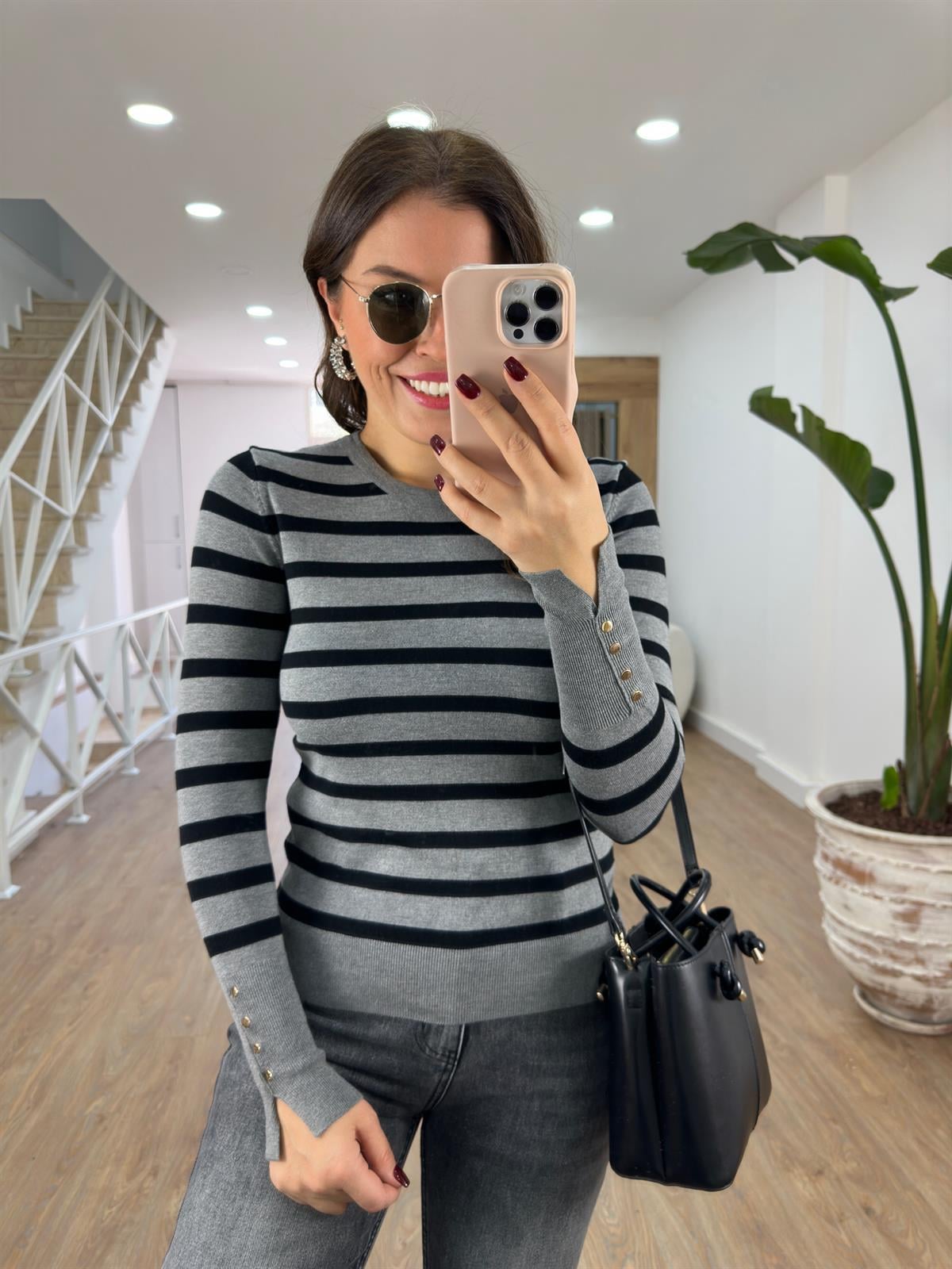 Dilvin Çizgili Kol Ortası Droplu Triko-Gri