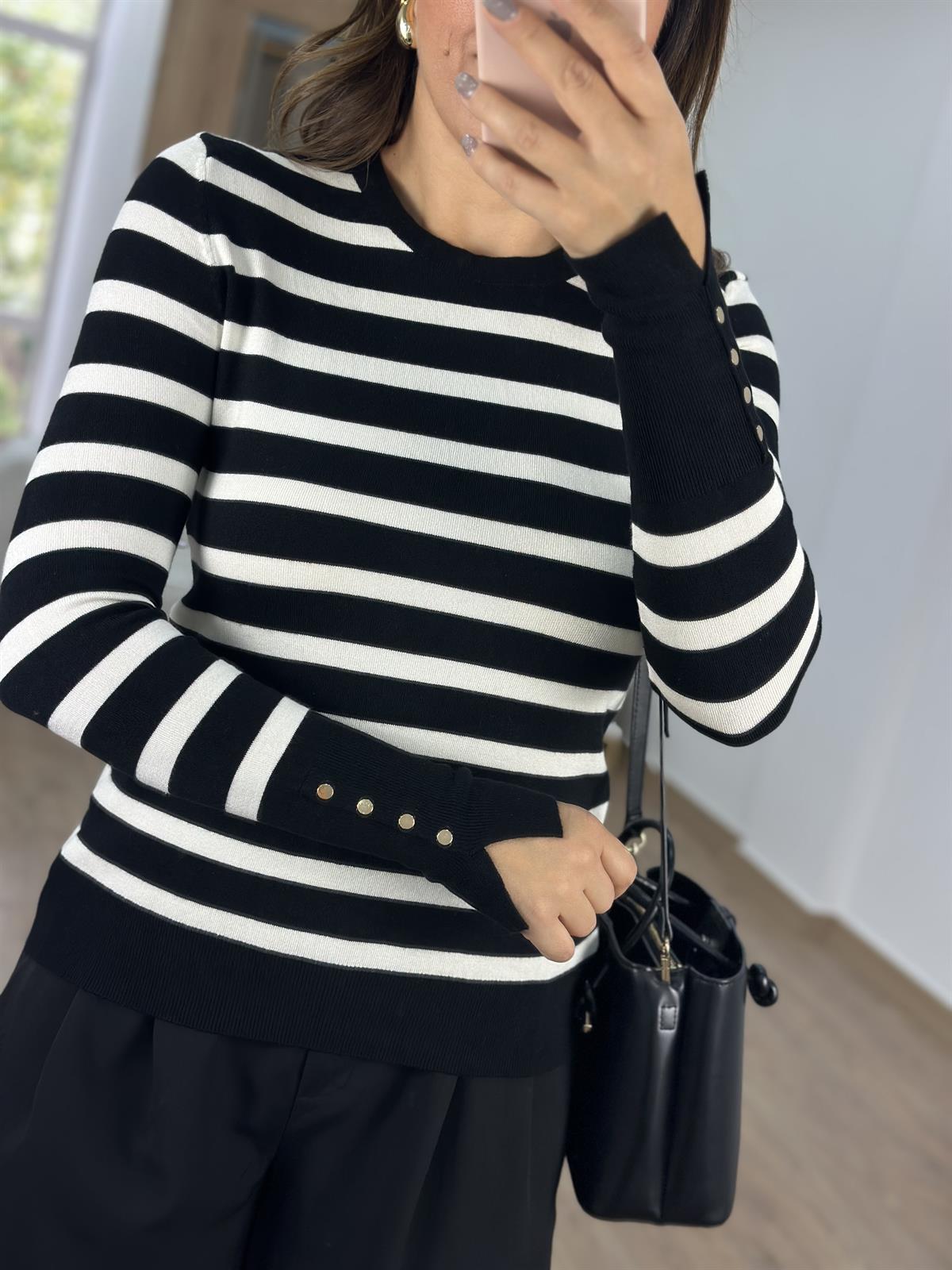 Dilvin Çizgili Kol Ortası Droplu Triko-Siyah