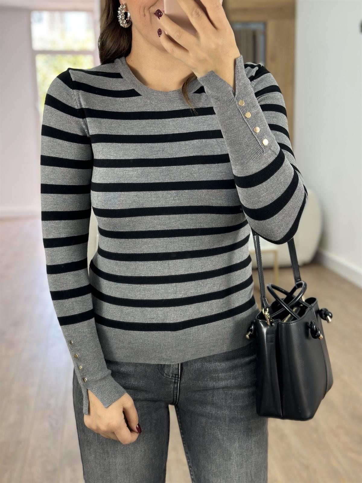 Dilvin Çizgili Kol Ortası Droplu Triko-Gri