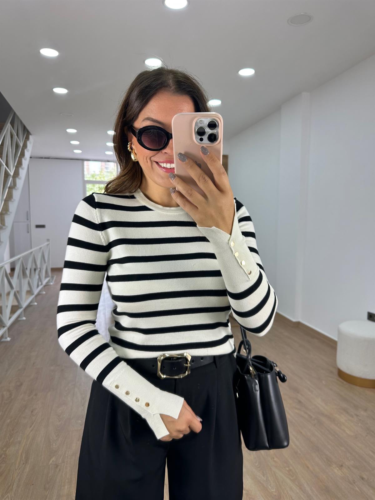 Dilvin Çizgili Kol Ortası Droplu Triko-Krem