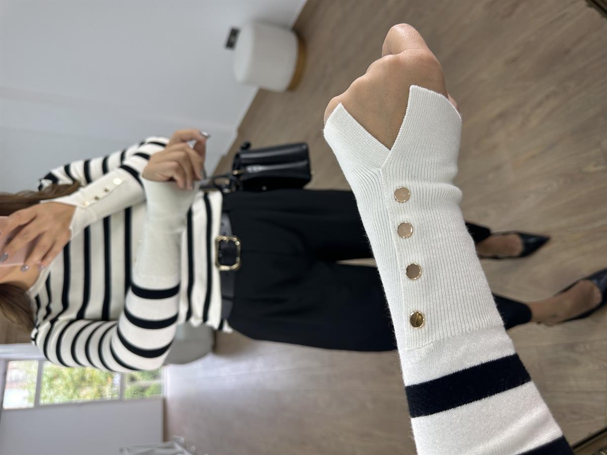 Dilvin Çizgili Kol Ortası Droplu Triko-Krem