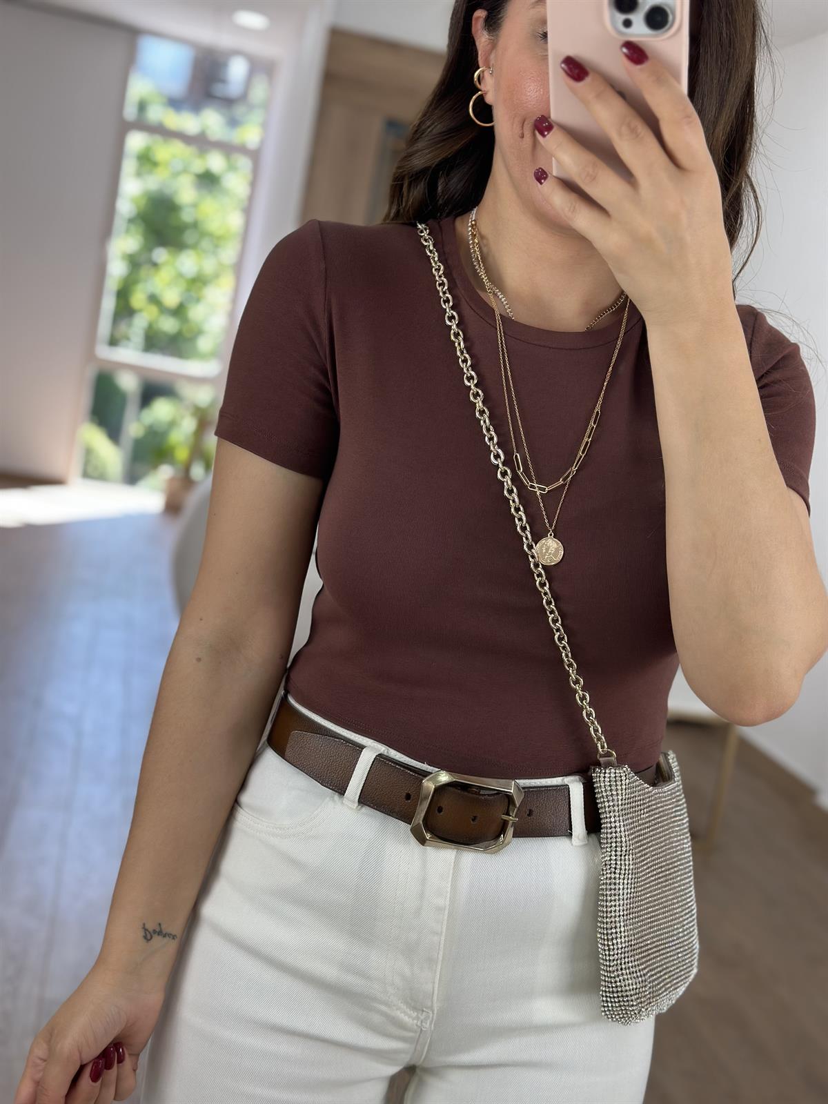 Dilvin Crop Tişört-Kahve