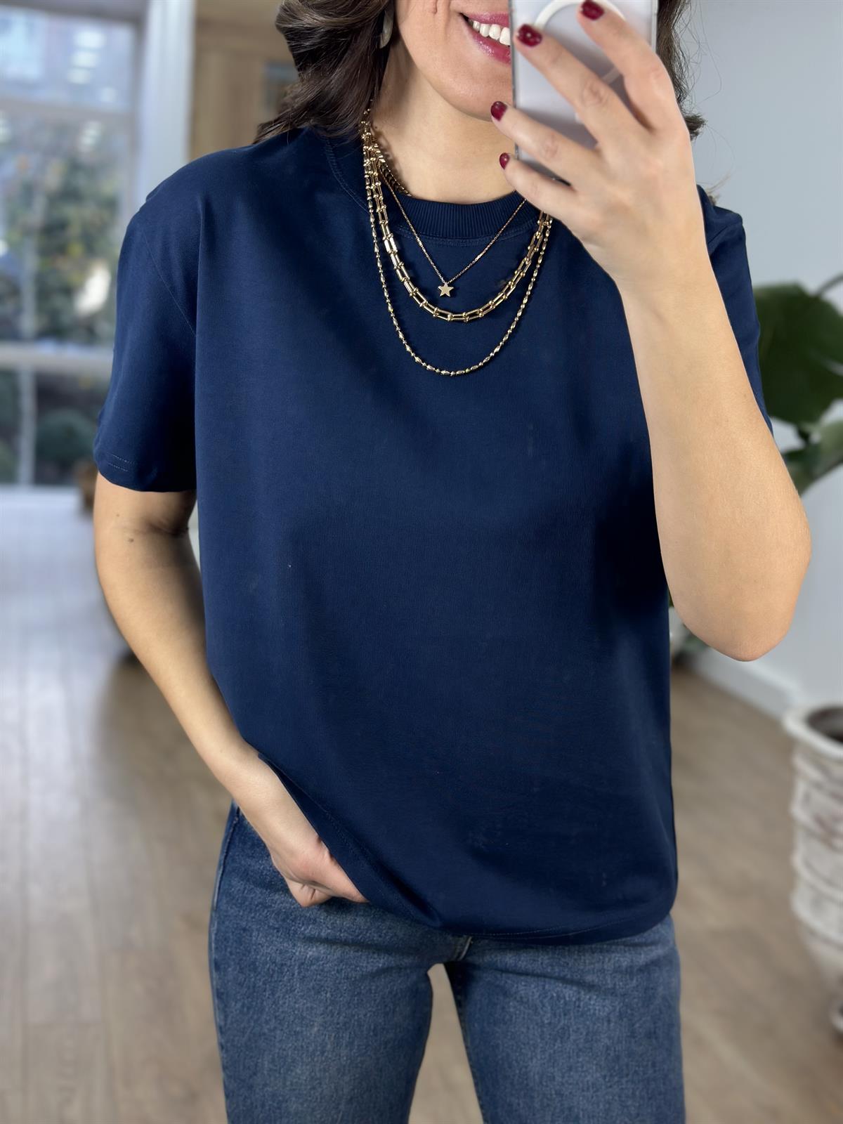 Dilvin Dekoratif Dikişli Bisiklet Yaka Tshirt - Lacivert