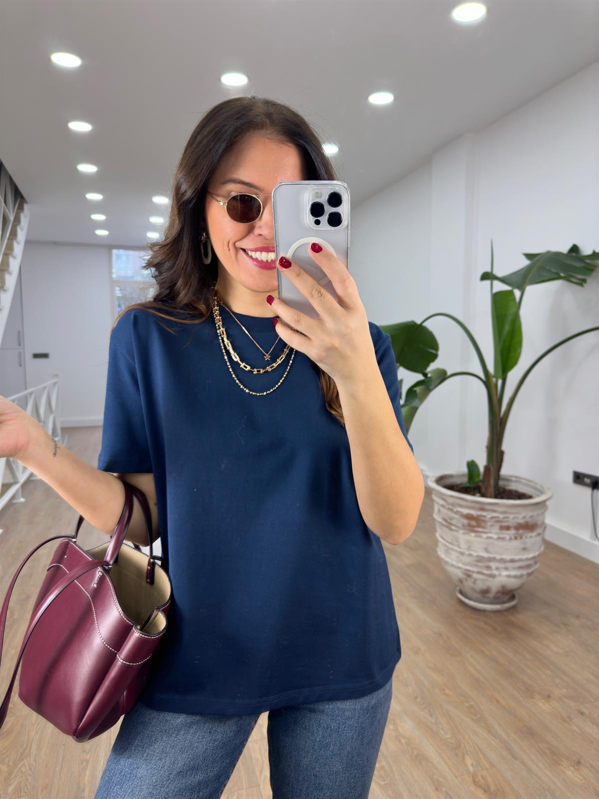 Dilvin Dekoratif Dikişli Bisiklet Yaka Tshirt - Lacivert