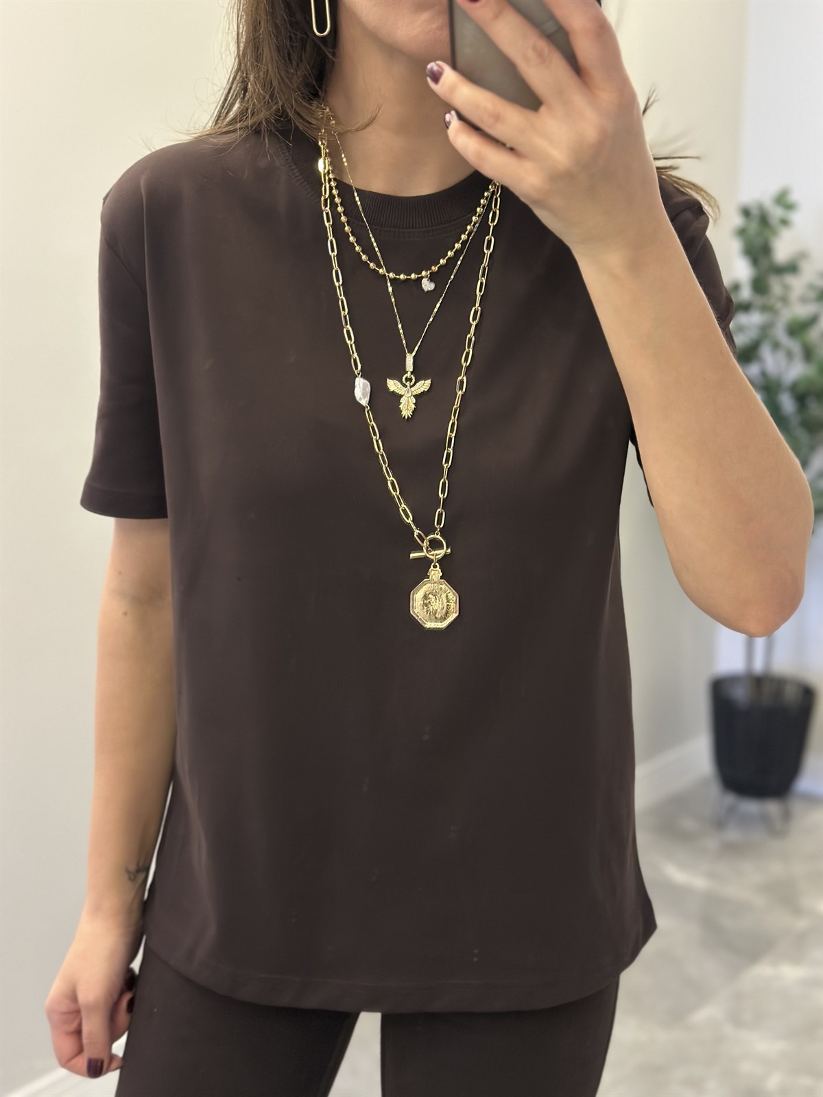 Dilvin Dekoratif Yaka Basic Tshirt - Kahverengi