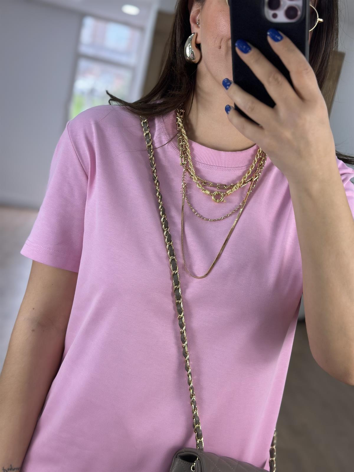 Dilvin Dekoratif Yaka Premium Basic Tişört-Pembe
