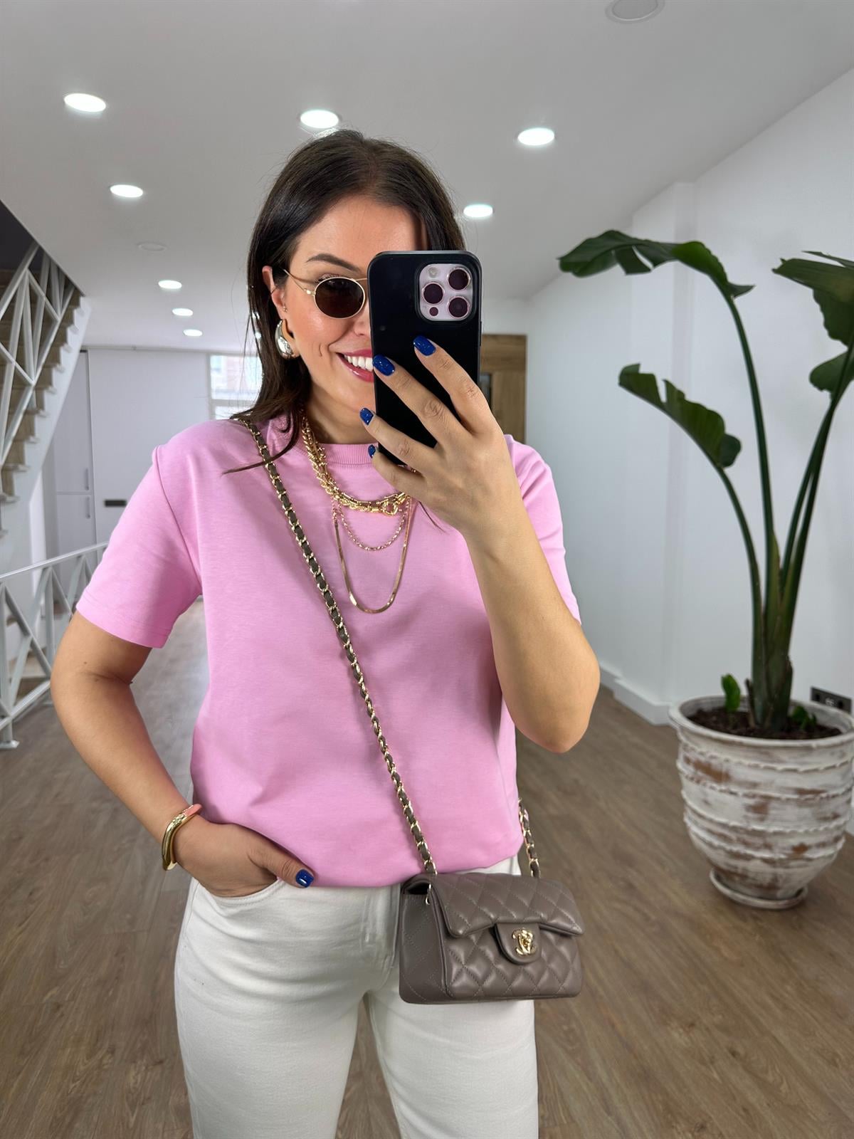 Dilvin Dekoratif Yaka Premium Basic Tişört-Pembe