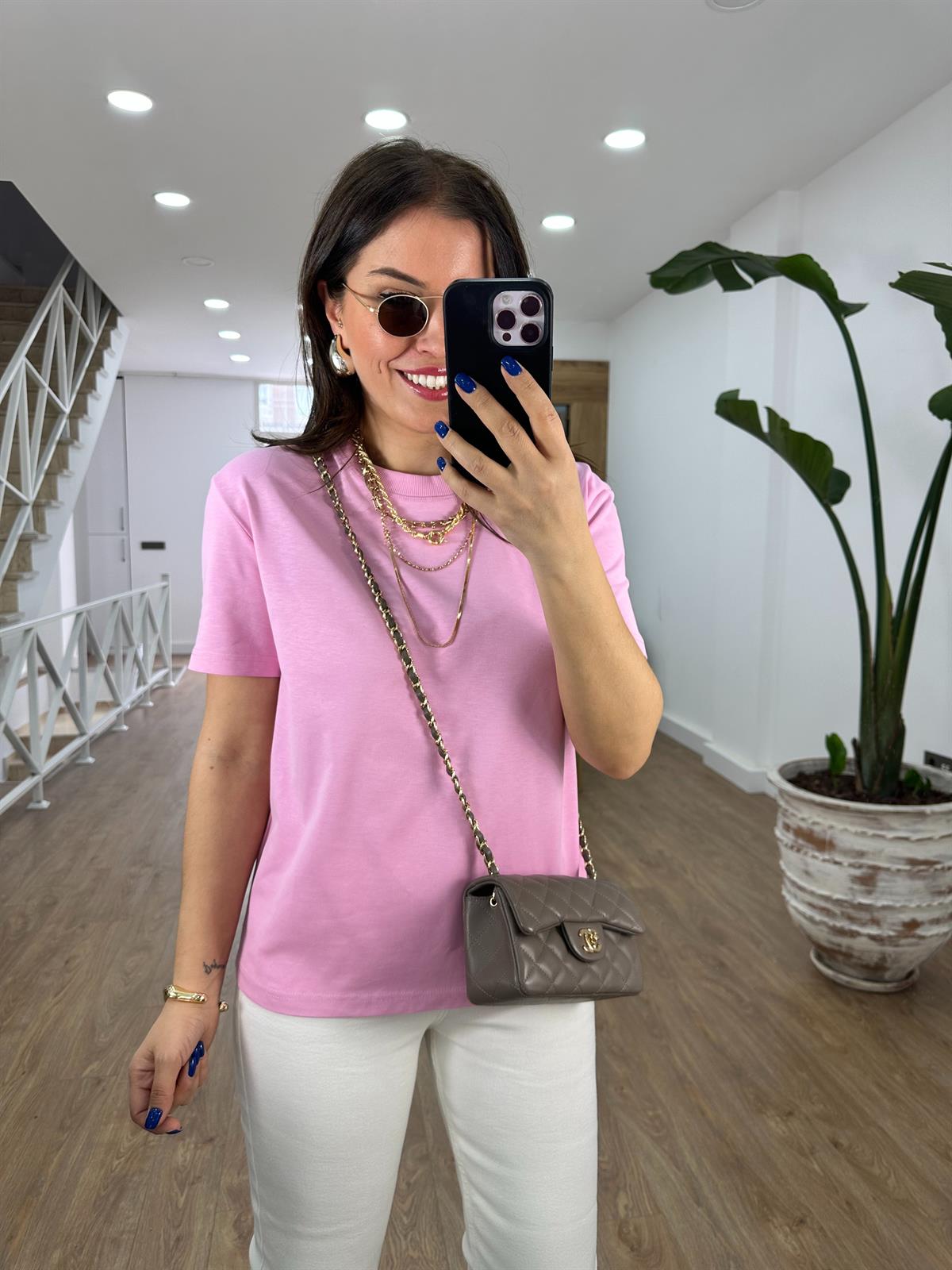 Dilvin Dekoratif Yaka Premium Basic Tişört-Pembe