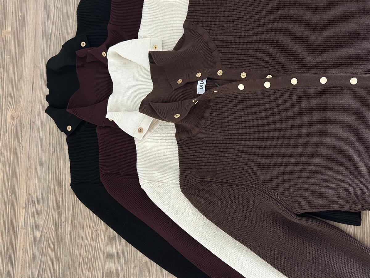 Dilvin Dik Yaka Çıtçıtlı Triko Kazak - Bordo