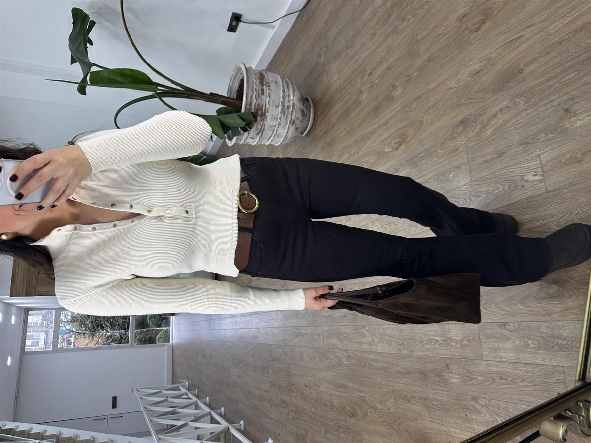 Dilvin Dik Yaka Çıtçıtlı Triko Kazak - Ekru