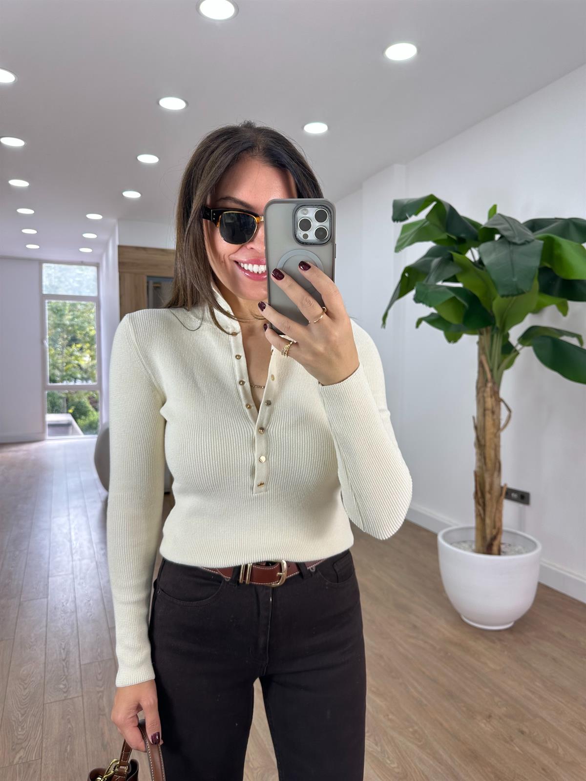 Dilvin Dik Yaka Çıtçıtlı Triko Kazak - Ekru