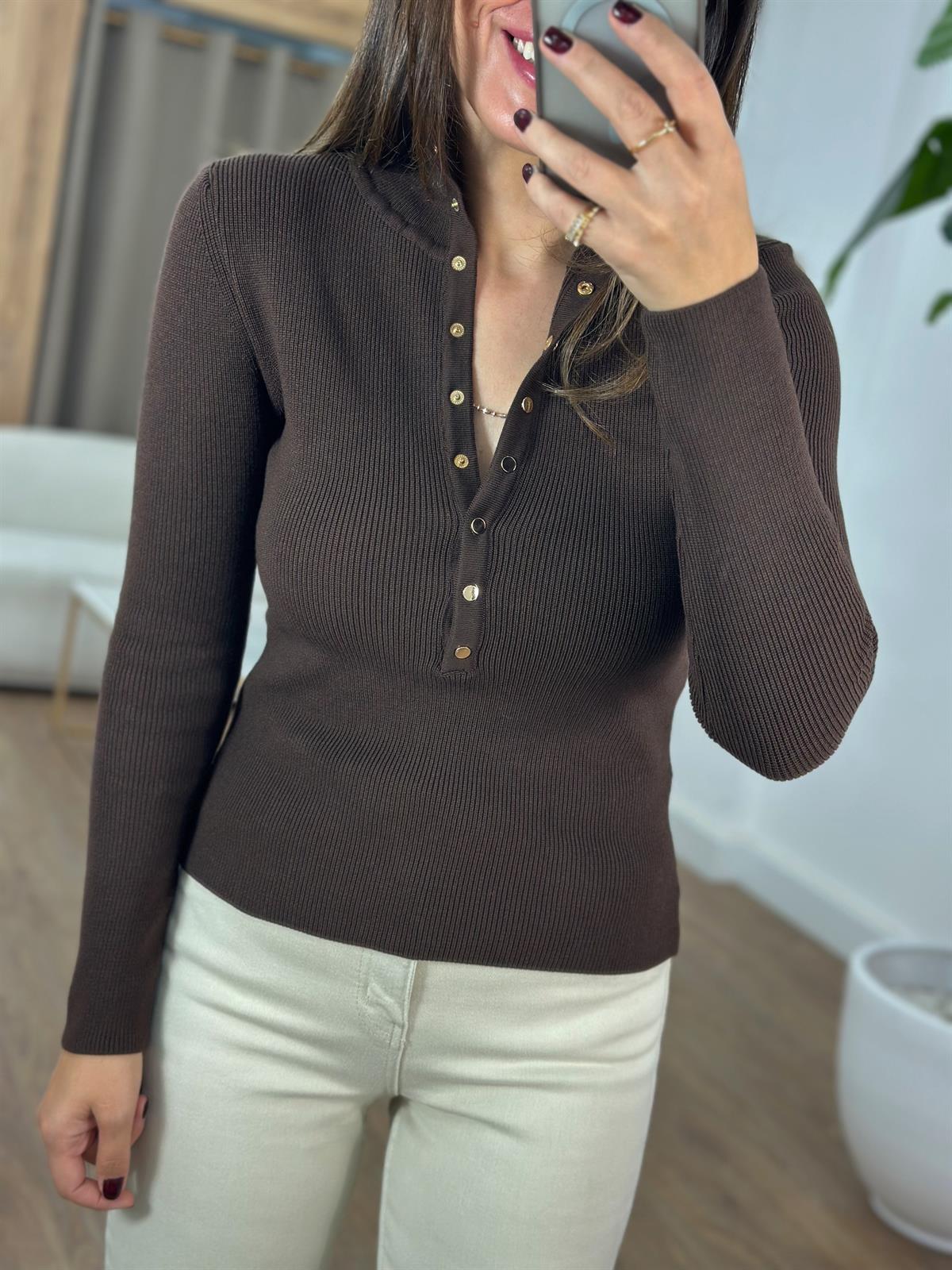 Dilvin Dik Yaka Çıtçıtlı Triko Kazak - Kahverengi