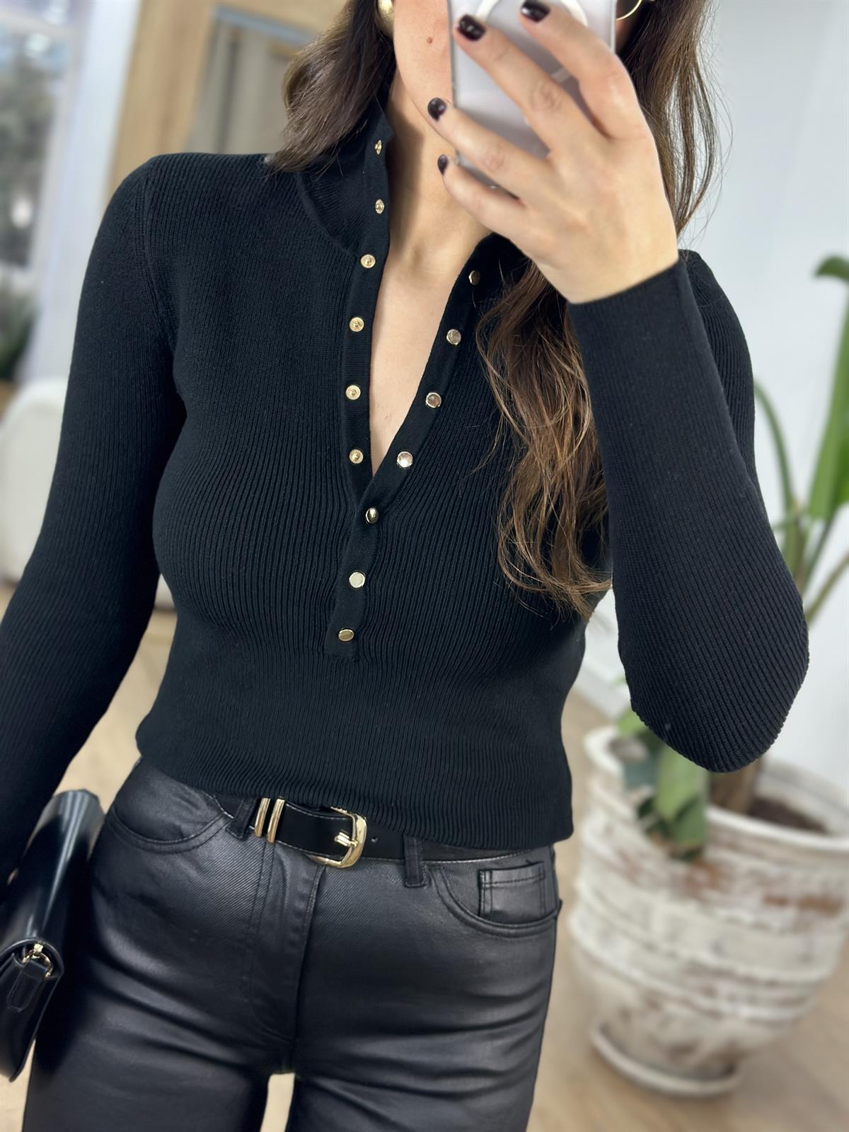 Dilvin Dik Yaka Çıtçıtlı Triko Kazak - Siyah