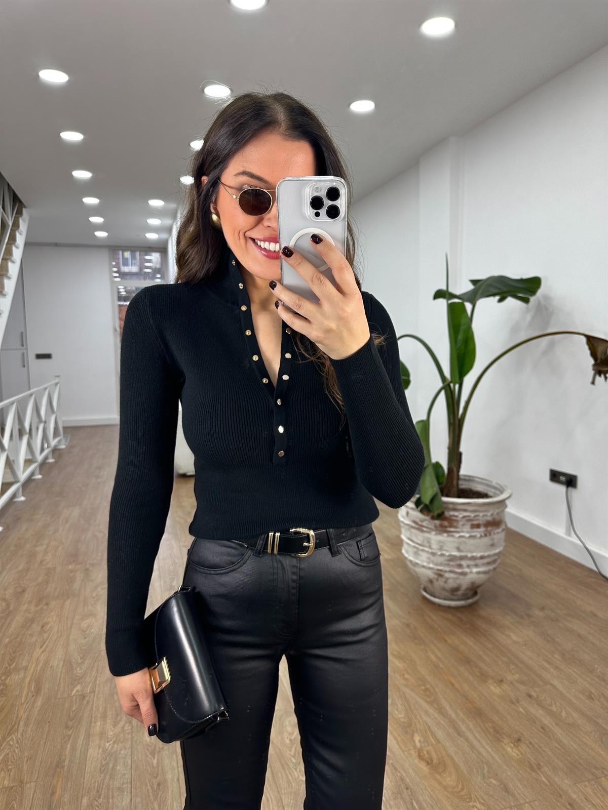 Dilvin Dik Yaka Çıtçıtlı Triko Kazak - Siyah