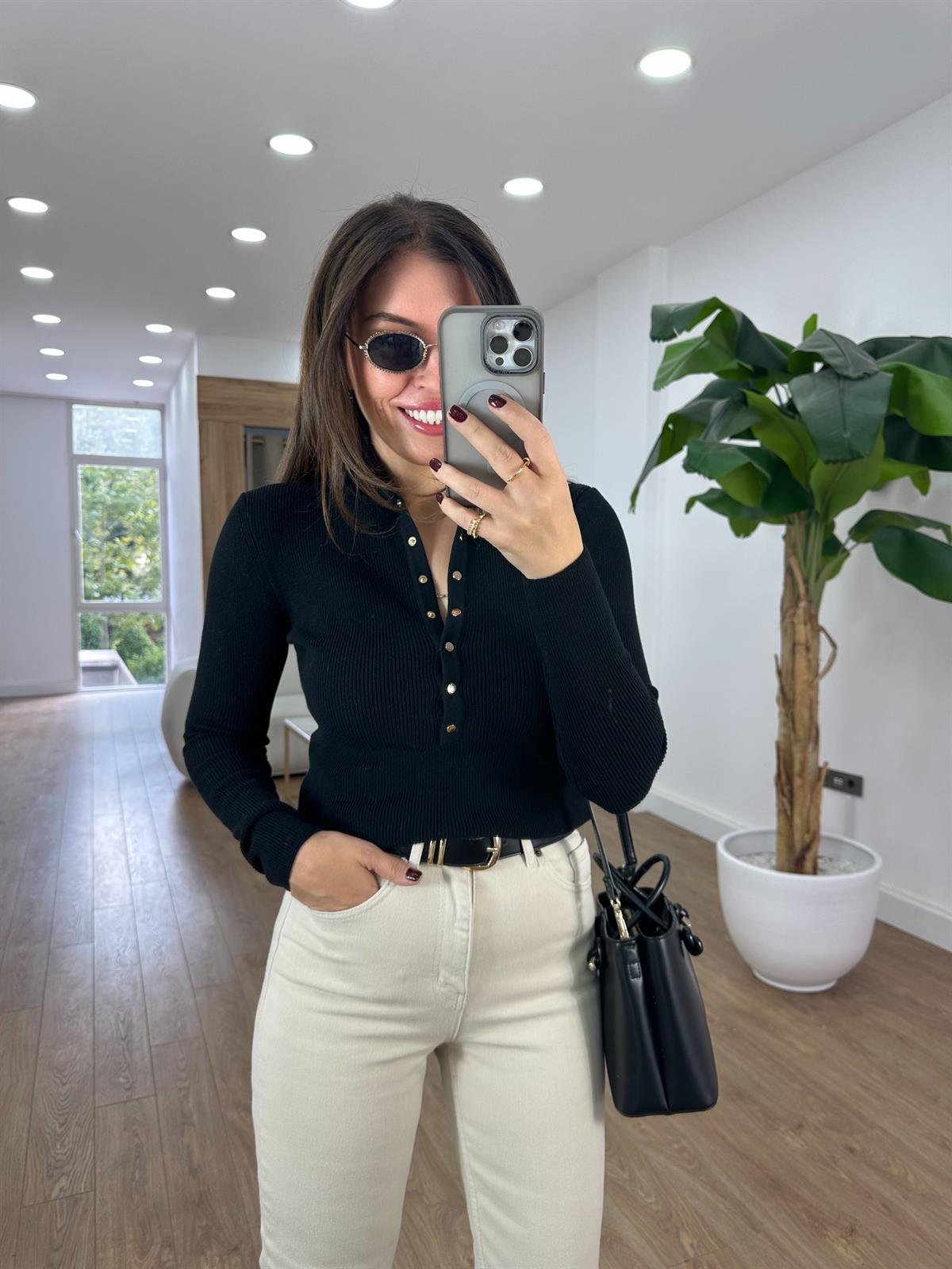 Dilvin Dik Yaka Çıtçıtlı Triko Kazak - Siyah