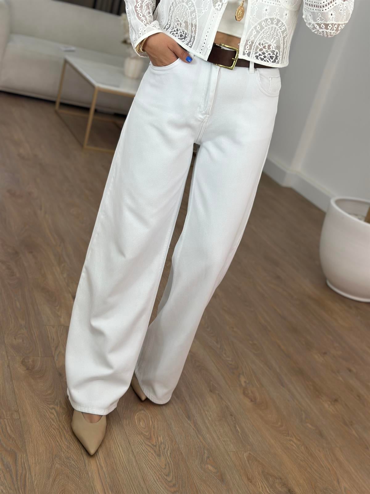 Dilvin Dökümlü Kumaş Geniş Pantolon - Beyaz