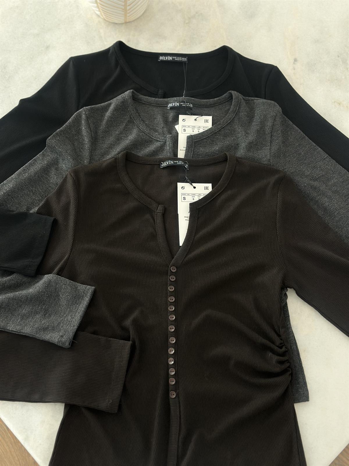 Dilvin Düğme Detaylı Büzgülü Bluz - Antresit