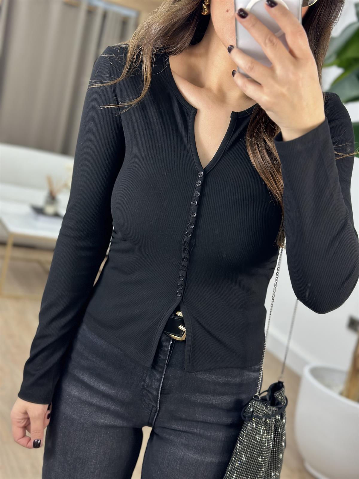 Dilvin Düğme Detaylı Büzgülü Bluz - Siyah